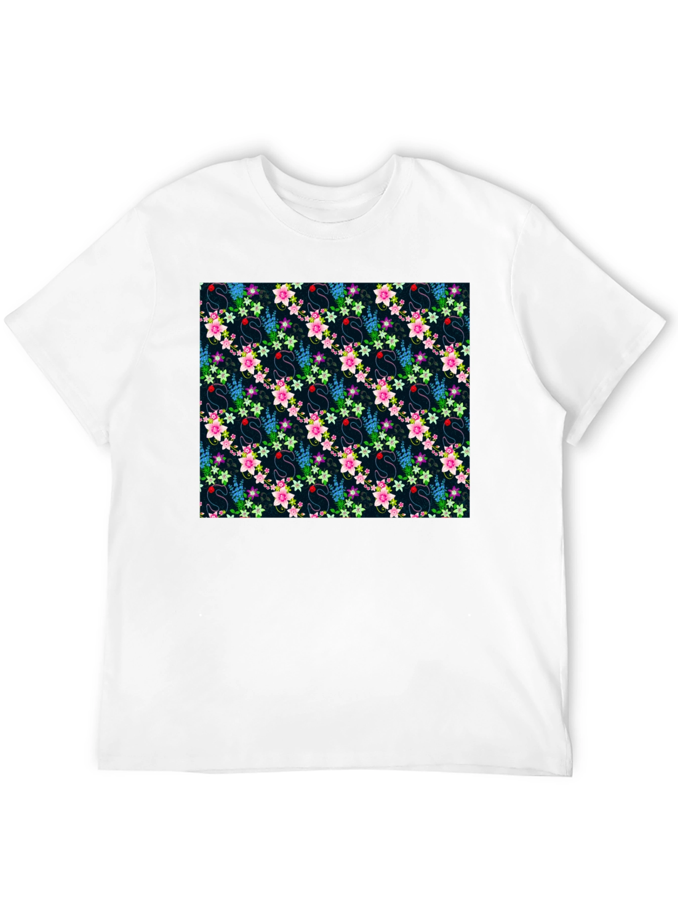 Floral Swan Print Mens Black T-Shirt