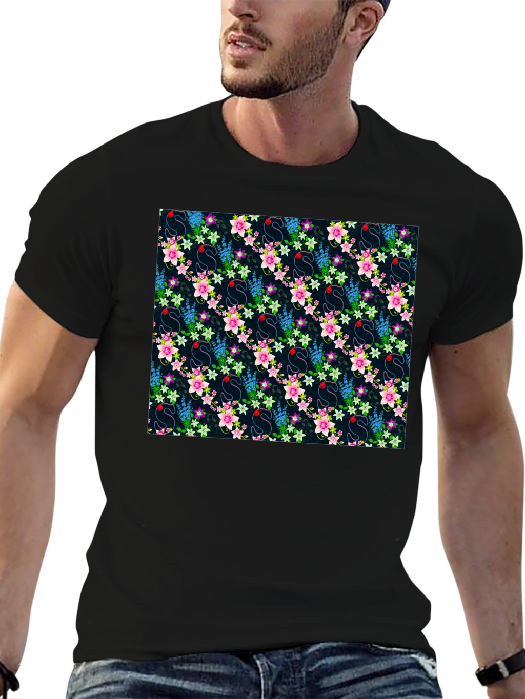 Floral Swan Print Mens Black T-Shirt