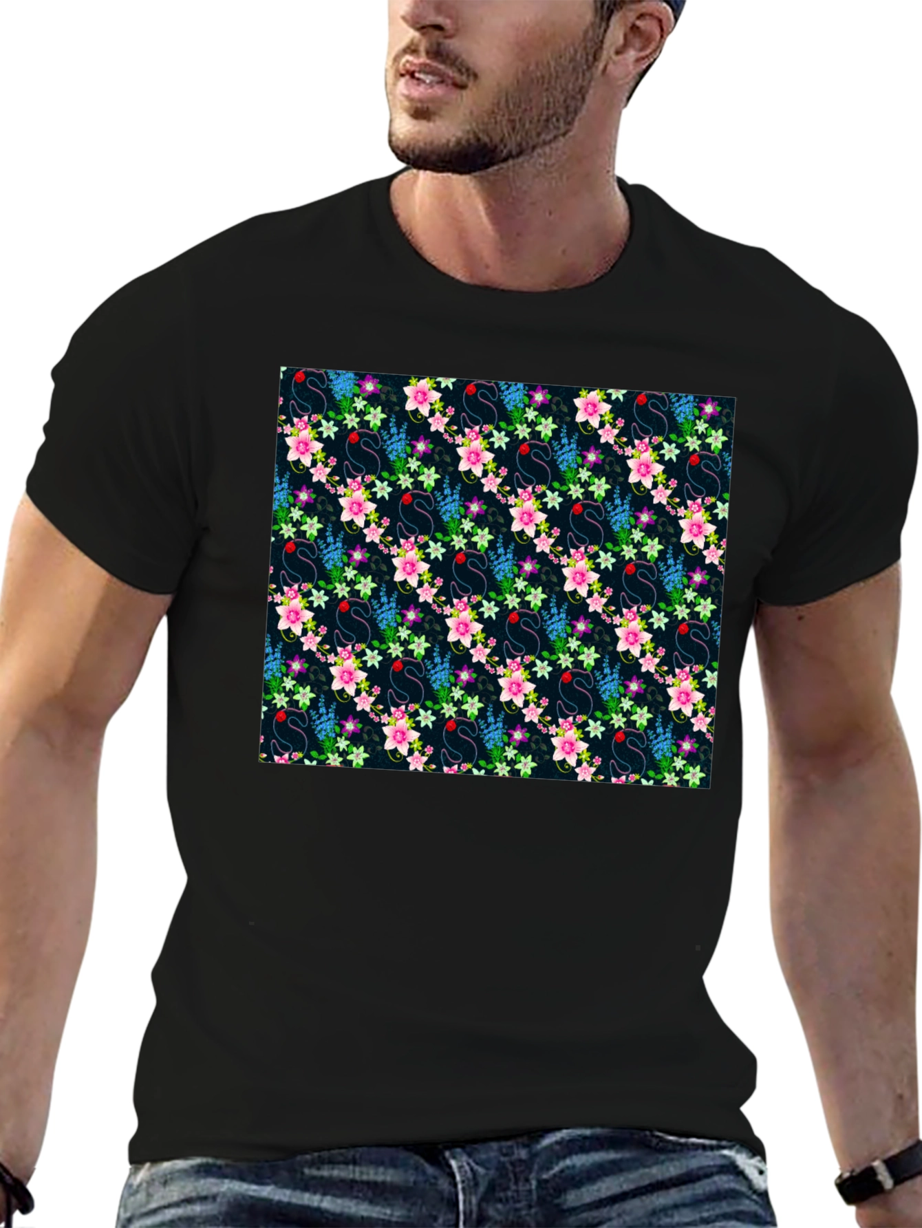 Floral Swan Print Mens Black T-Shirt