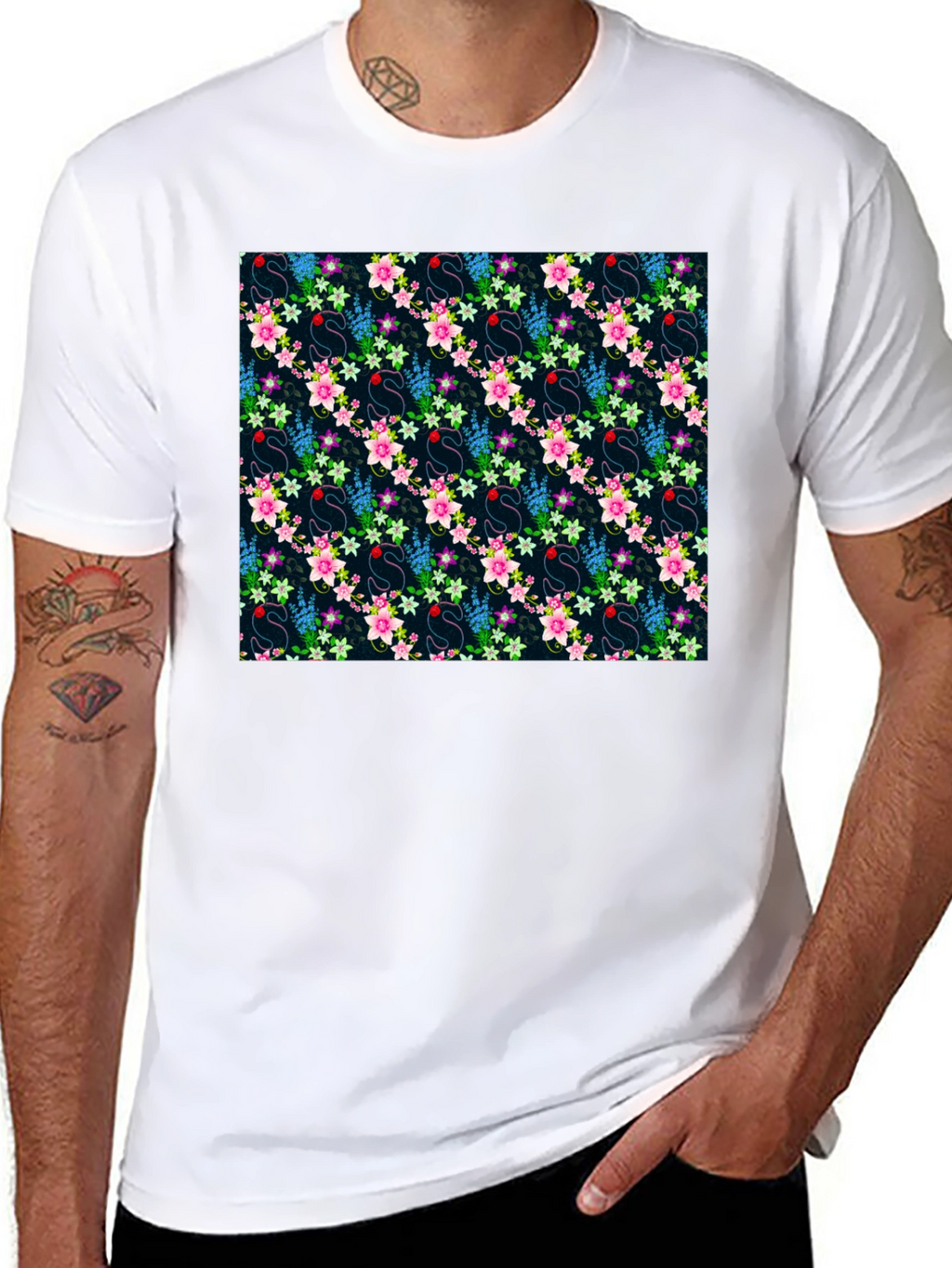 Floral Swan Print Mens Black T-Shirt