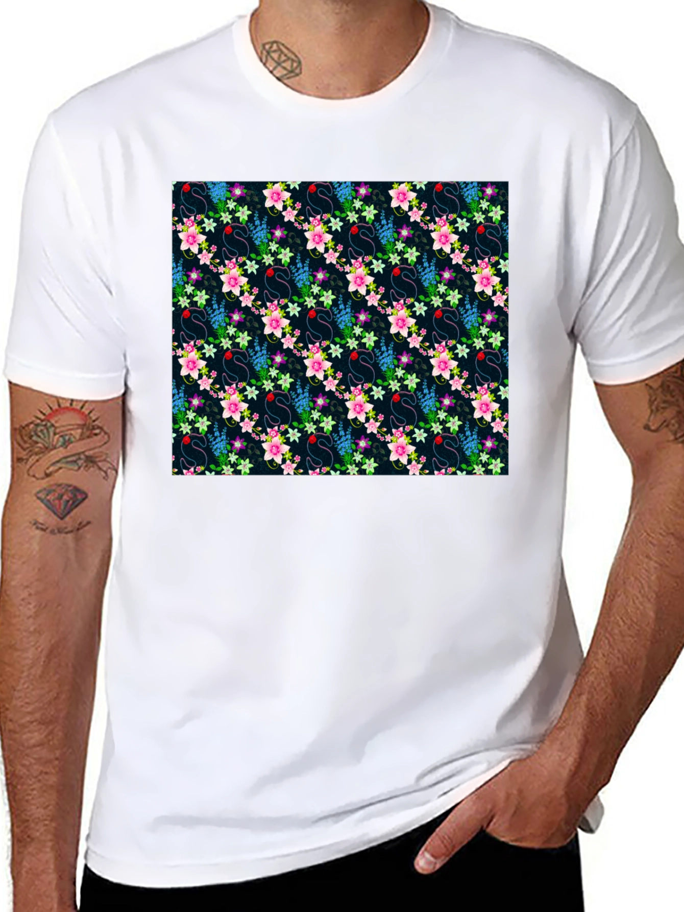 Floral Swan Print Mens Black T-Shirt