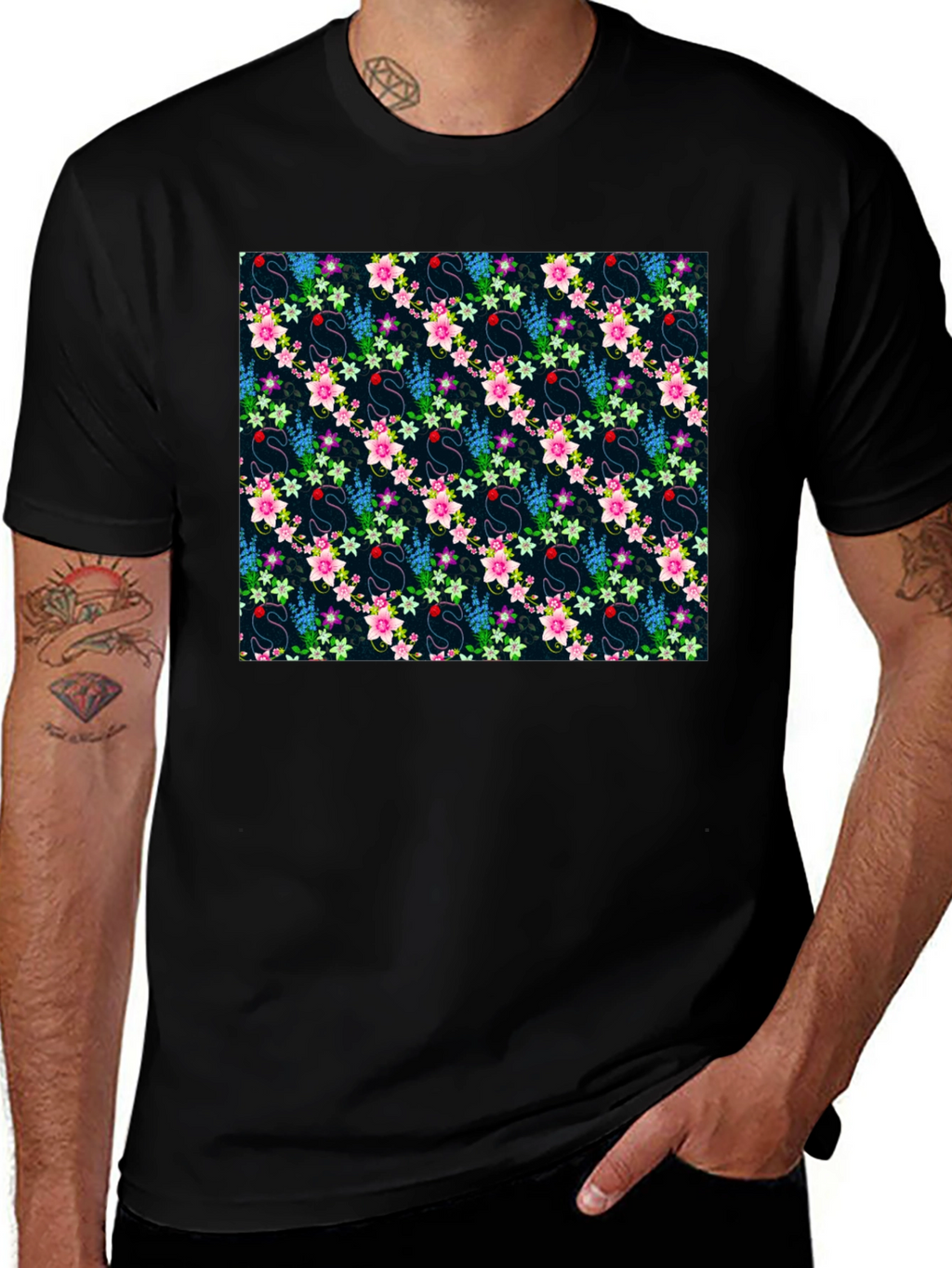 Floral Swan Print Mens Black T-Shirt