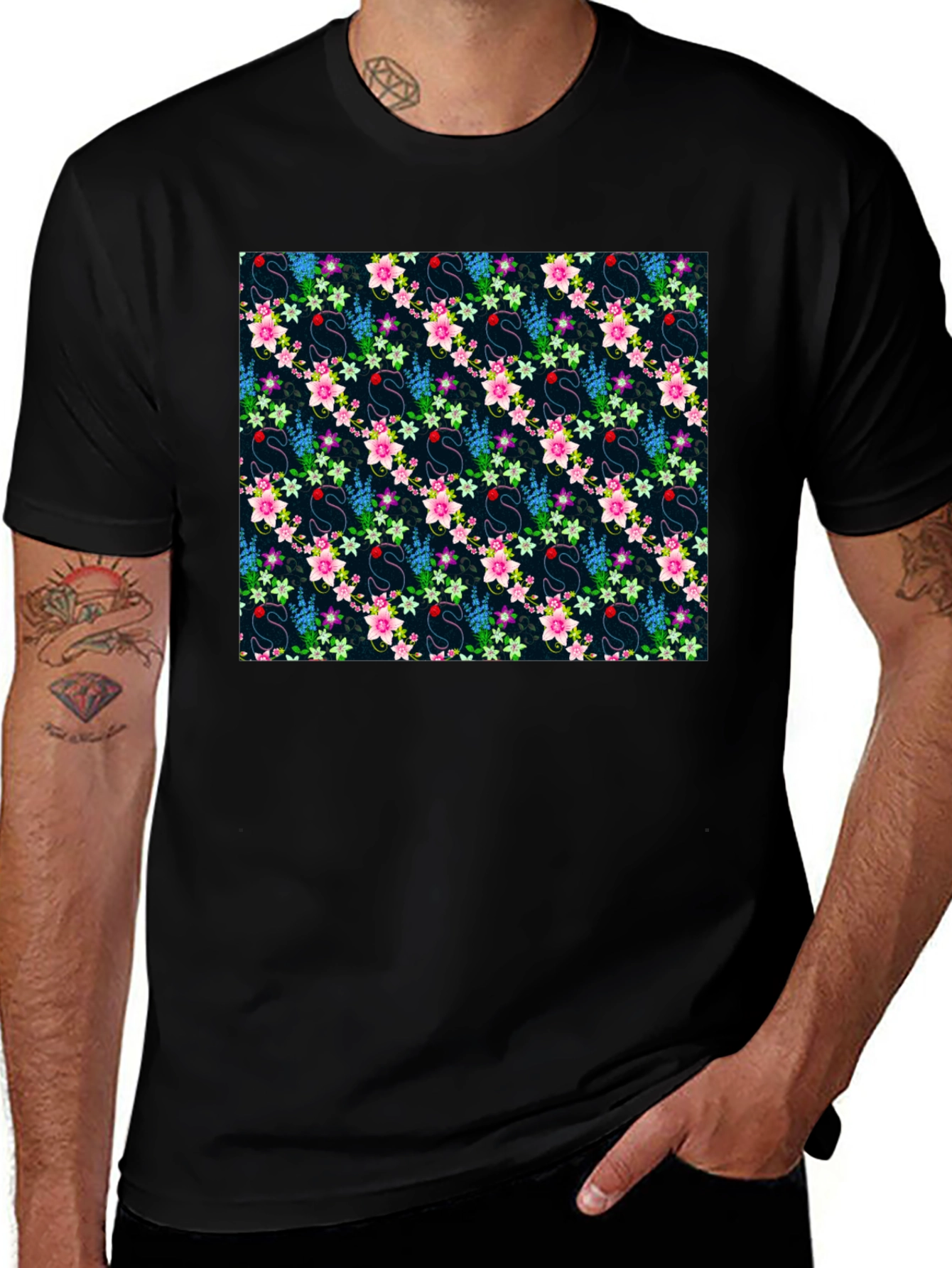 Floral Swan Print Mens Black T-Shirt