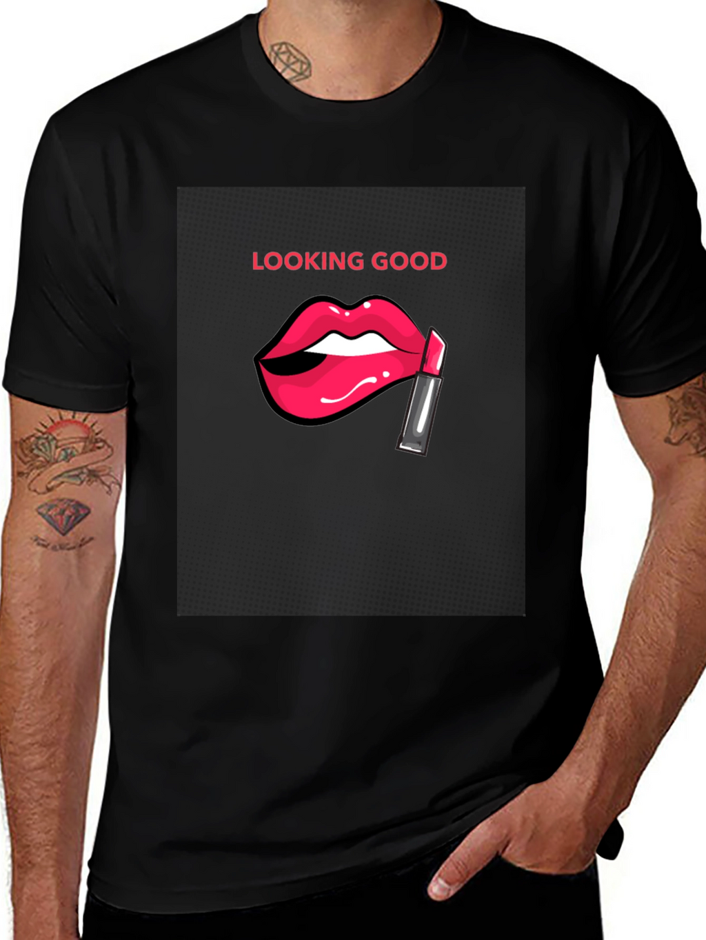 Looking Good Black T-Shirt with Lip Design