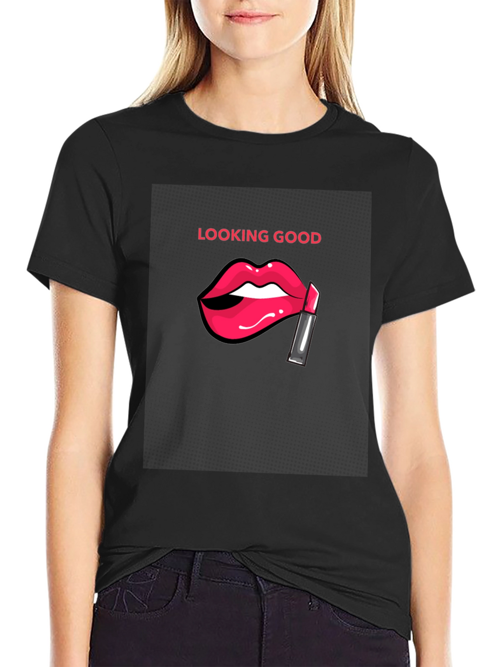Looking Good Black T-Shirt with Lip Design