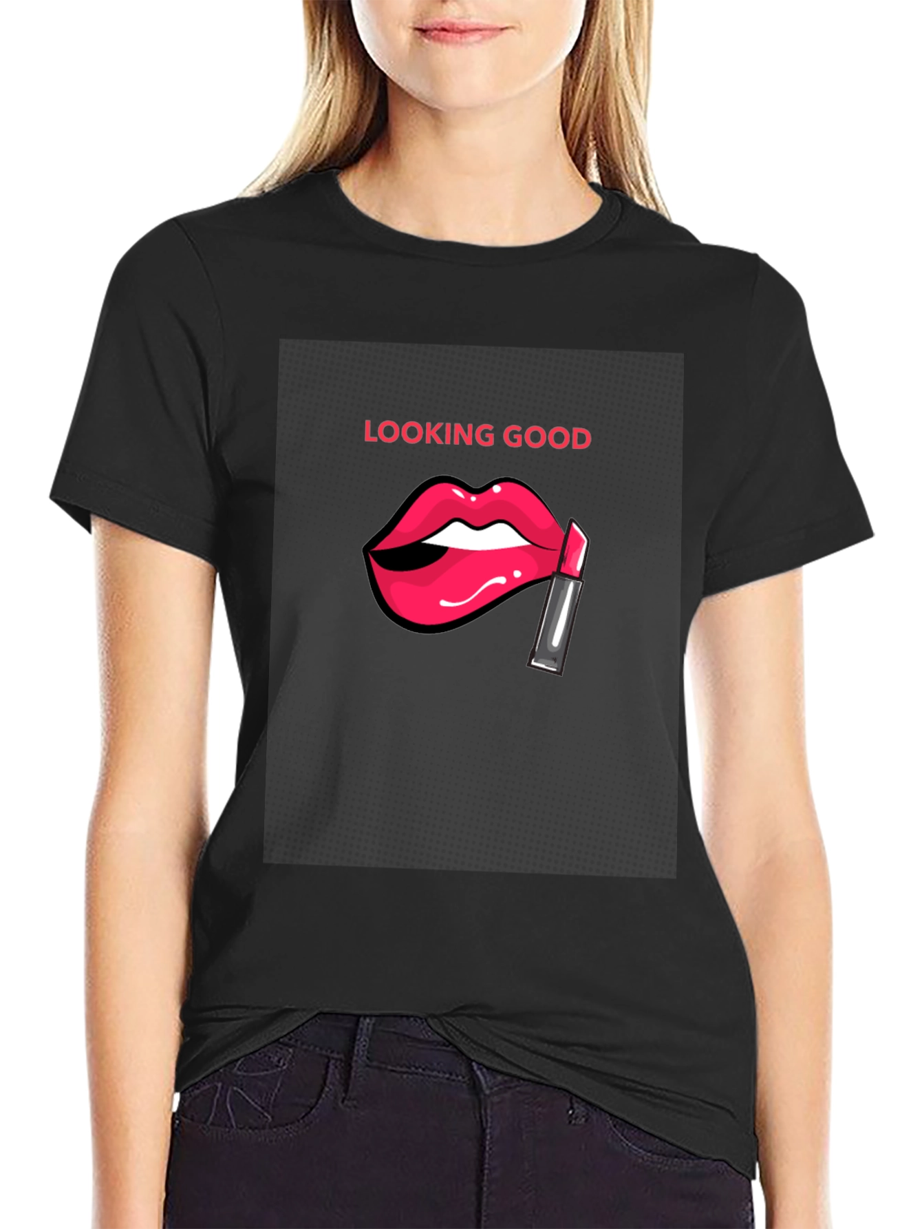 Looking Good Black T-Shirt with Lip Design