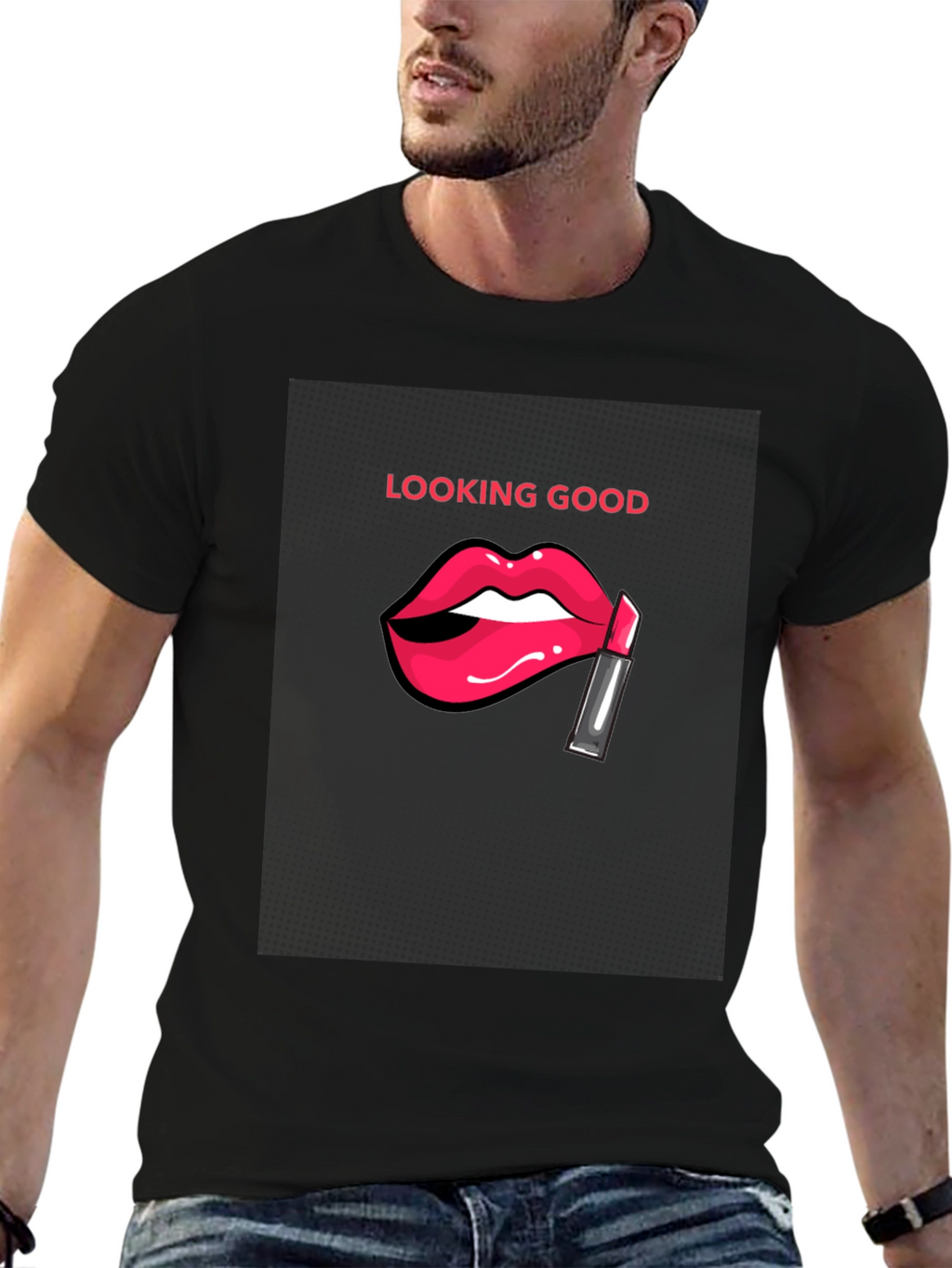 Looking Good Black T-Shirt with Lip Design