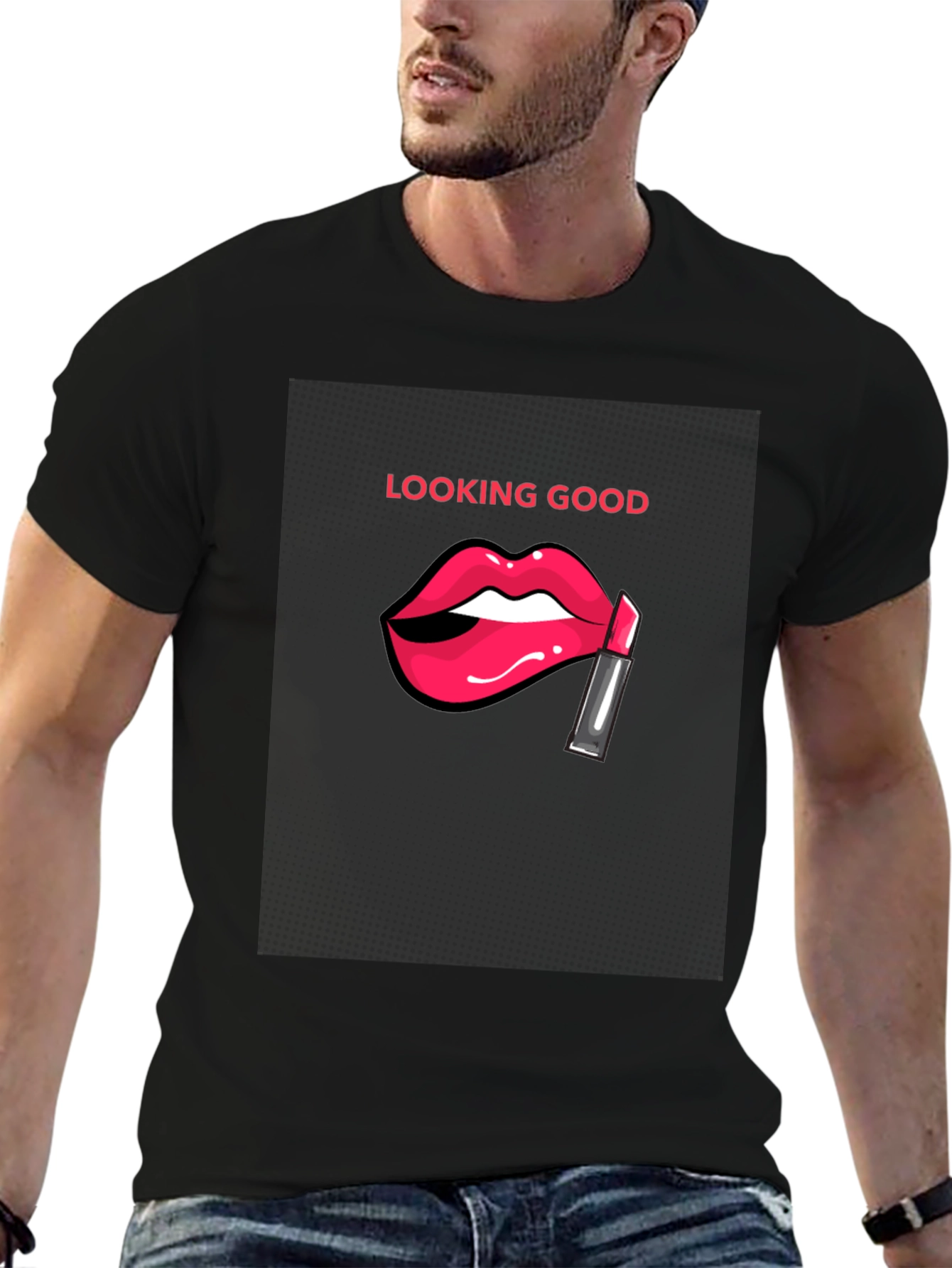 Looking Good Black T-Shirt with Lip Design
