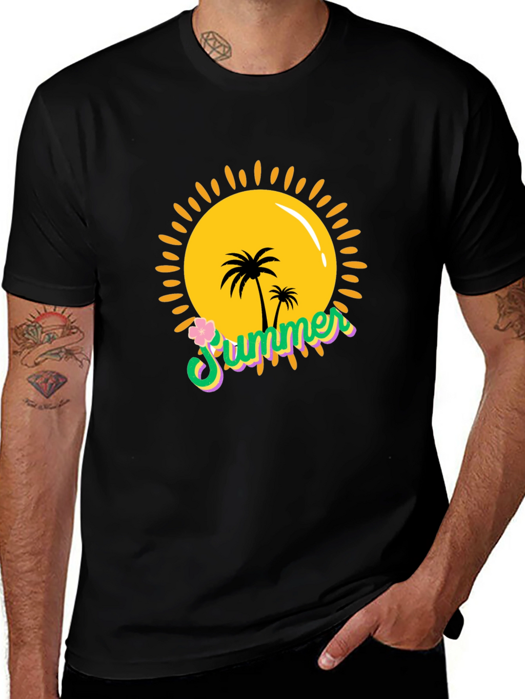 Summer Vibes Black T-Shirt - Palm Tree Sun Graphic