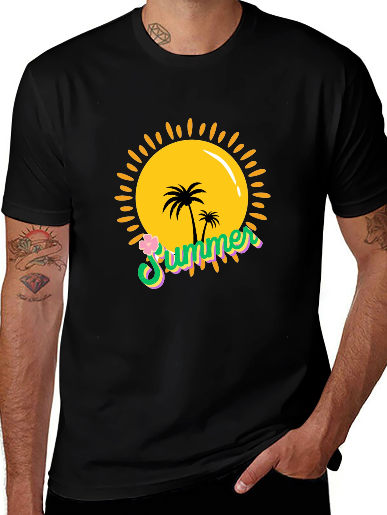 Summer Vibes Black T-Shirt - Palm Tree Sun Graphic