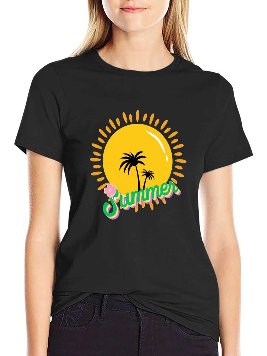 Summer Vibes Black T-Shirt - Palm Tree Sun Graphic