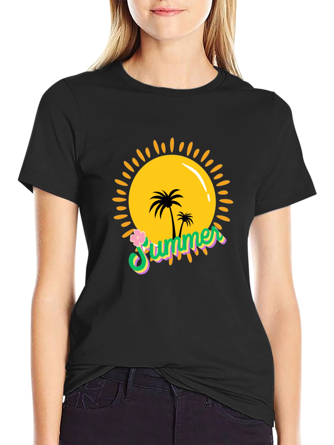 Summer Vibes Black T-Shirt - Palm Tree Sun Graphic