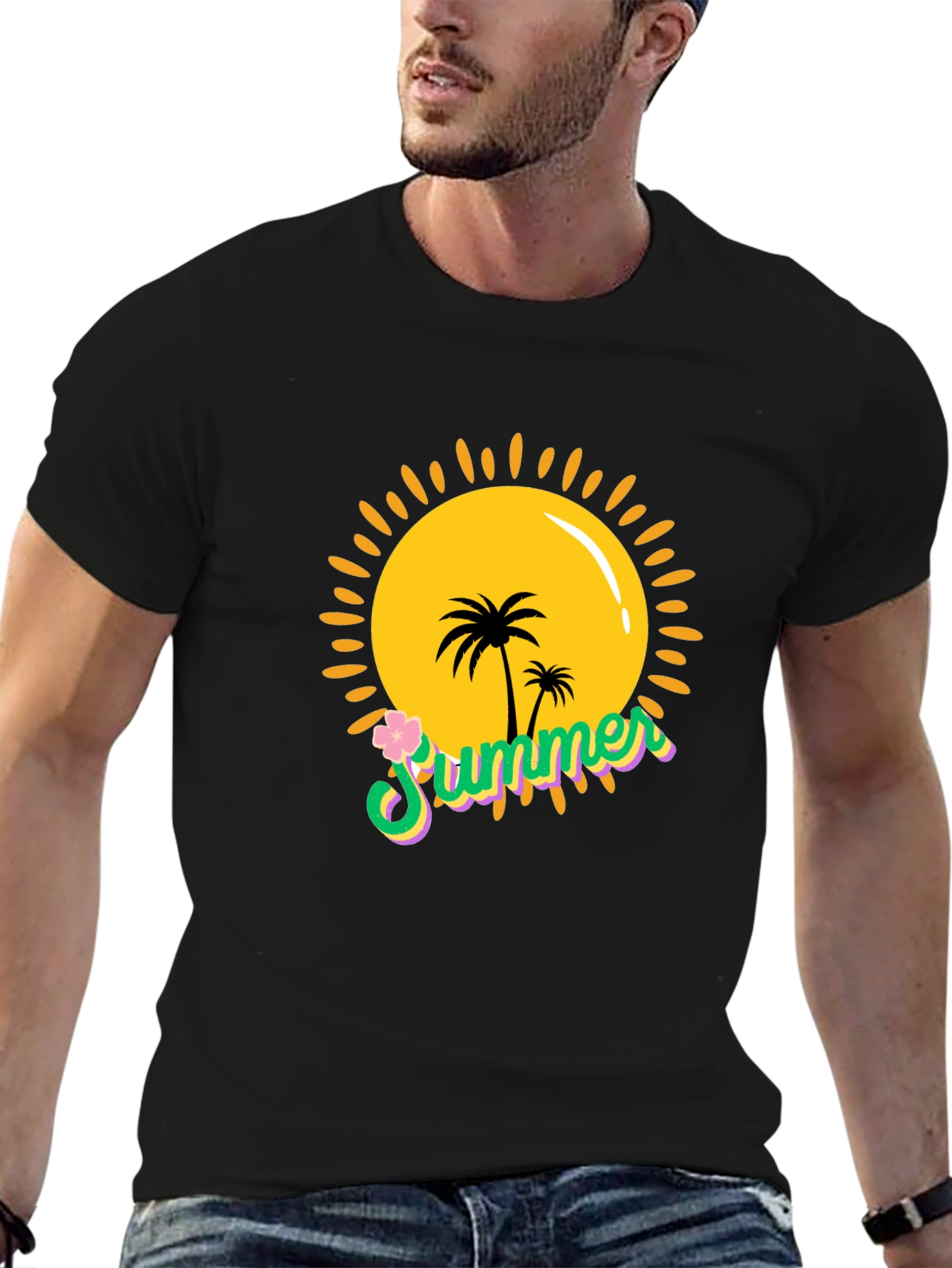Summer Vibes Black T-Shirt - Palm Tree Sun Graphic