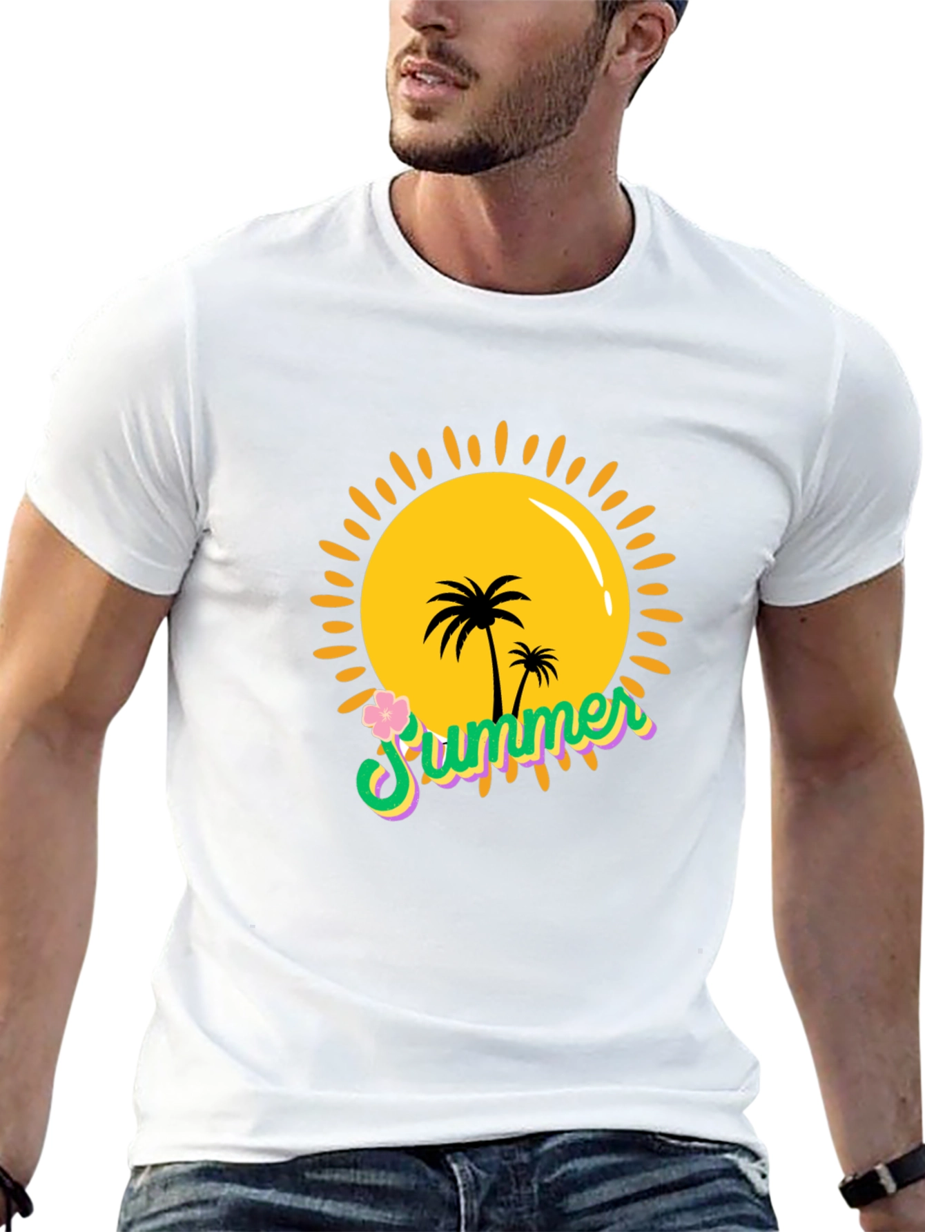 Summer Vibes Black T-Shirt - Palm Tree Sun Graphic