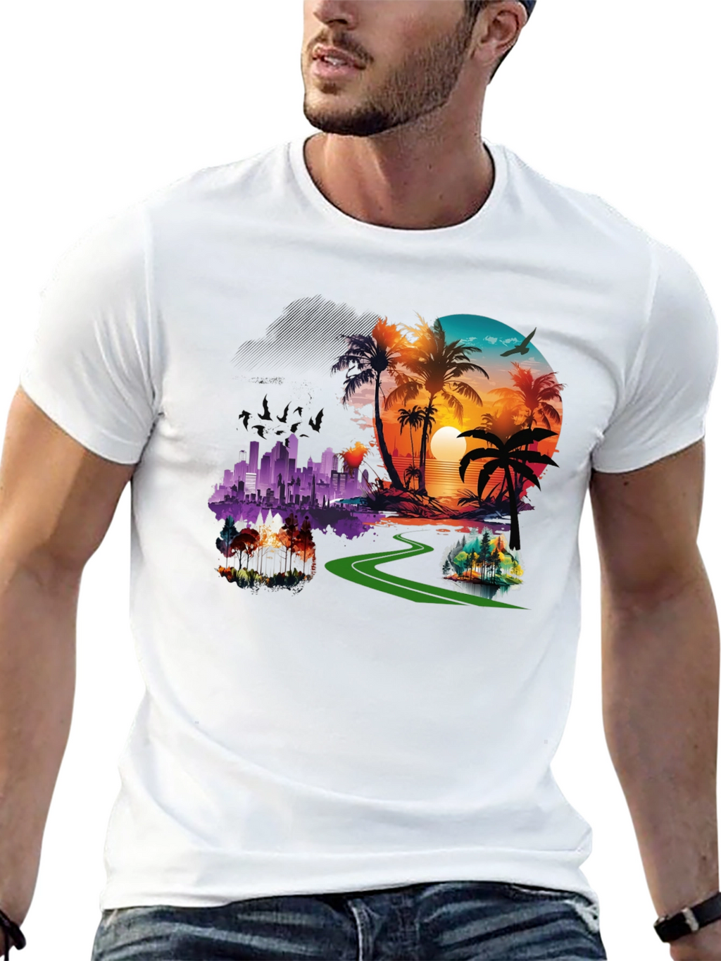 Tropical Cityscape Graphic Black T-Shirt