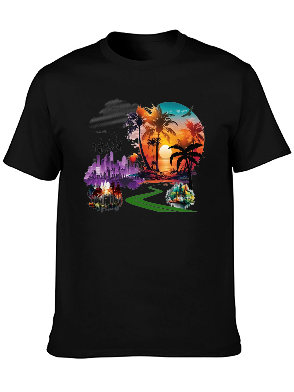Tropical Cityscape Graphic Black T-Shirt