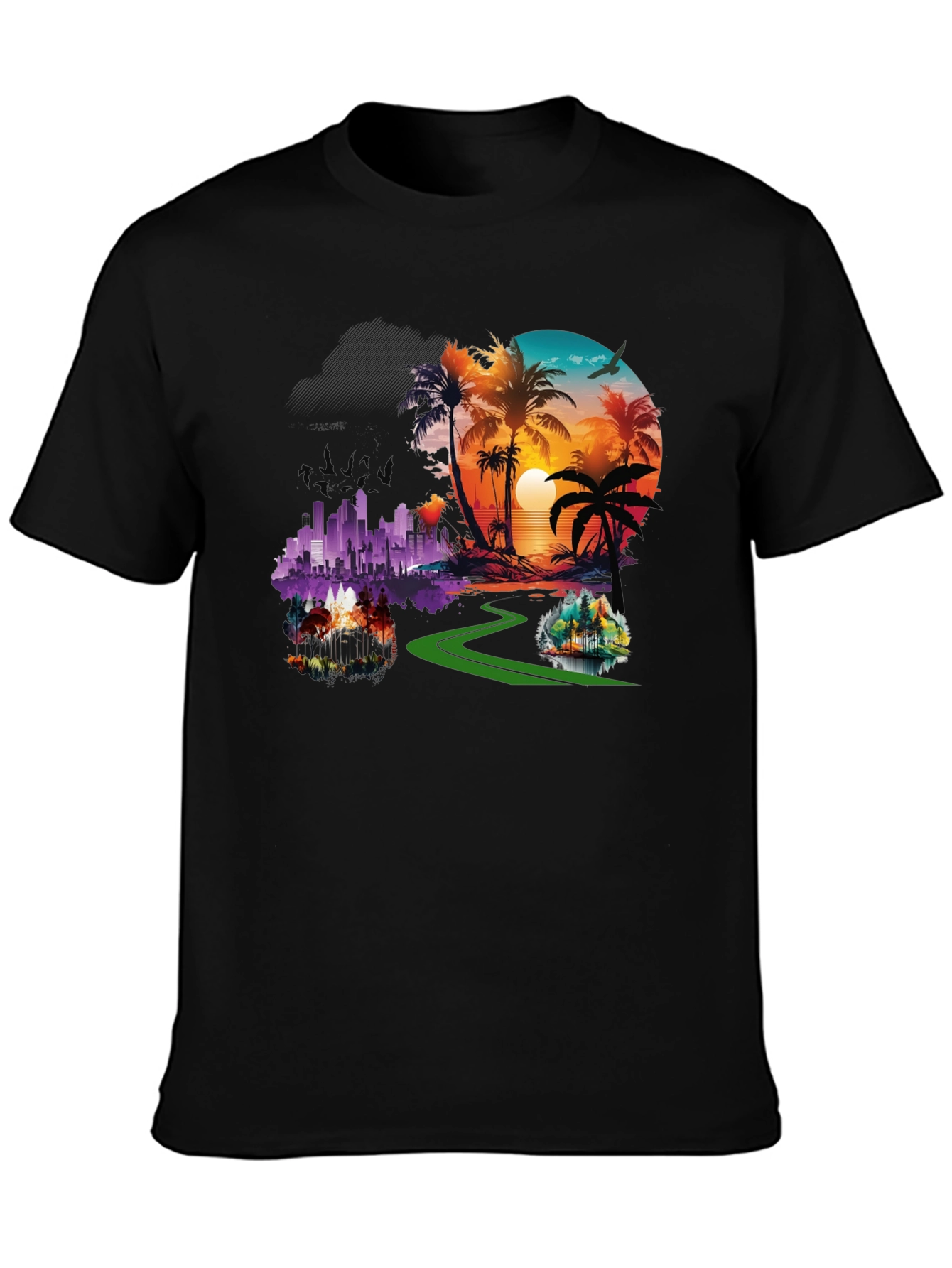 Tropical Cityscape Graphic Black T-Shirt