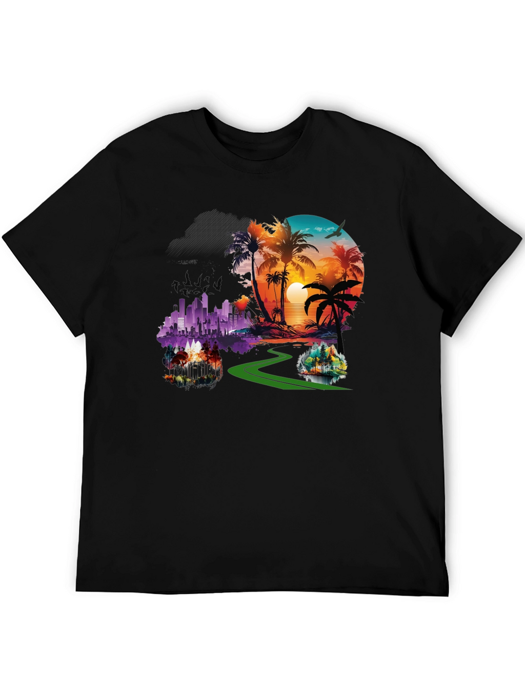 Tropical Cityscape Graphic Black T-Shirt