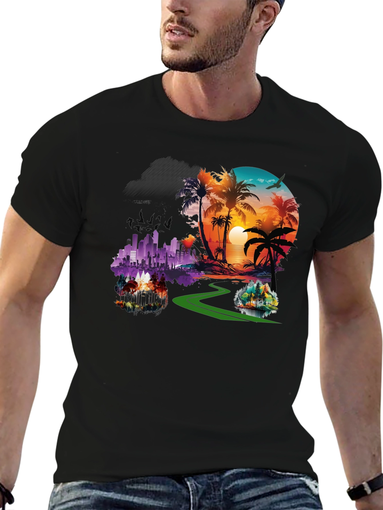 Tropical Cityscape Graphic Black T-Shirt