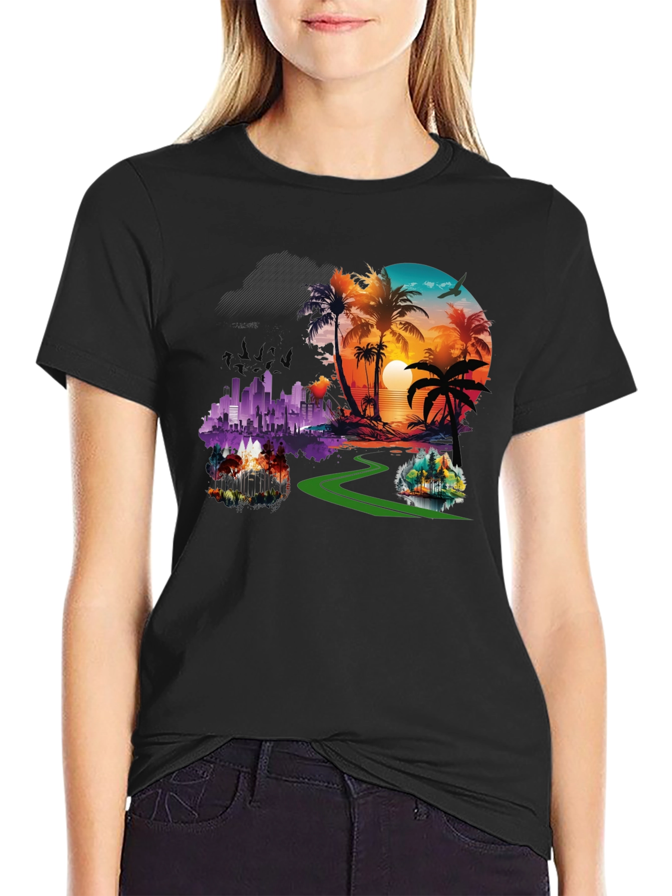 Tropical Cityscape Graphic Black T-Shirt