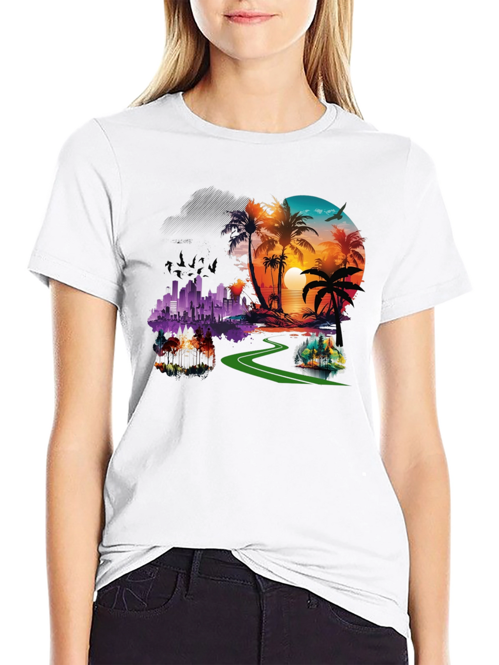 Tropical Cityscape Graphic Black T-Shirt