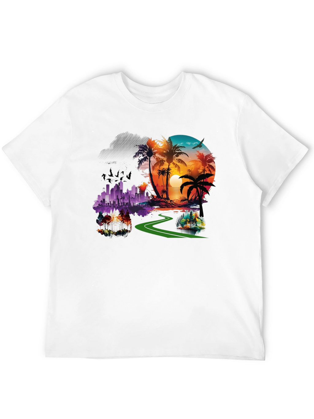 Tropical Cityscape Graphic Black T-Shirt
