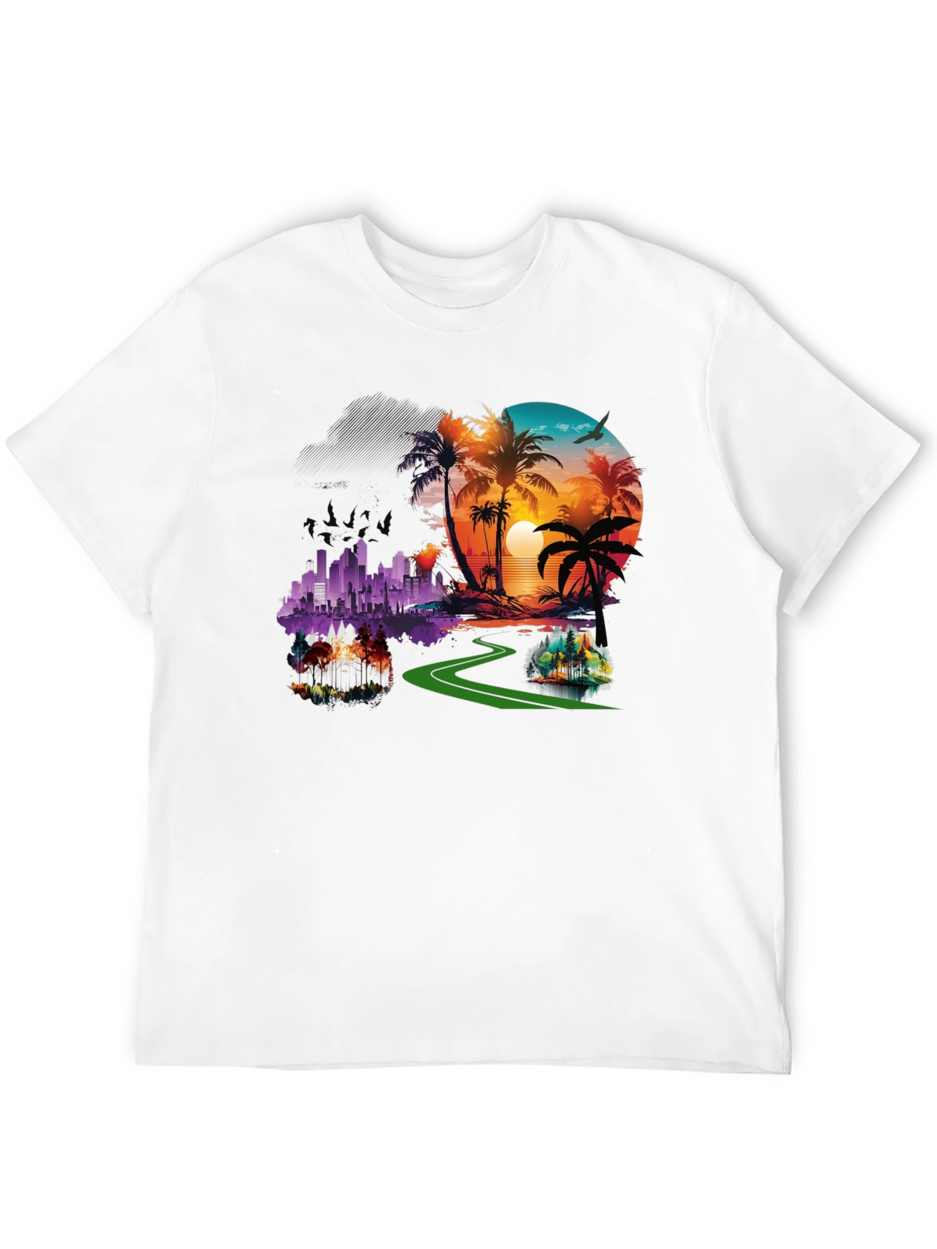 Tropical Cityscape Graphic Black T-Shirt
