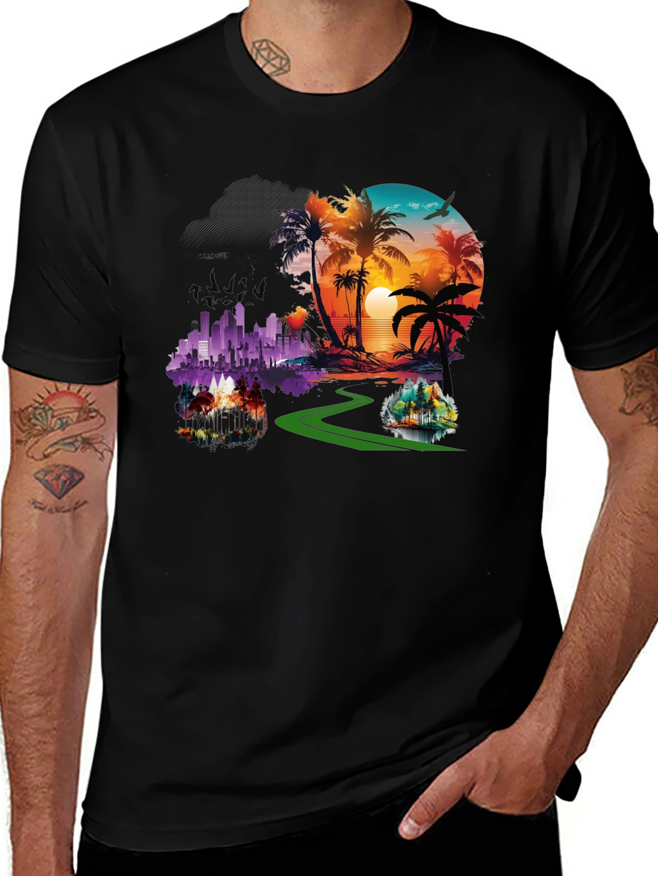 Tropical Cityscape Graphic Black T-Shirt