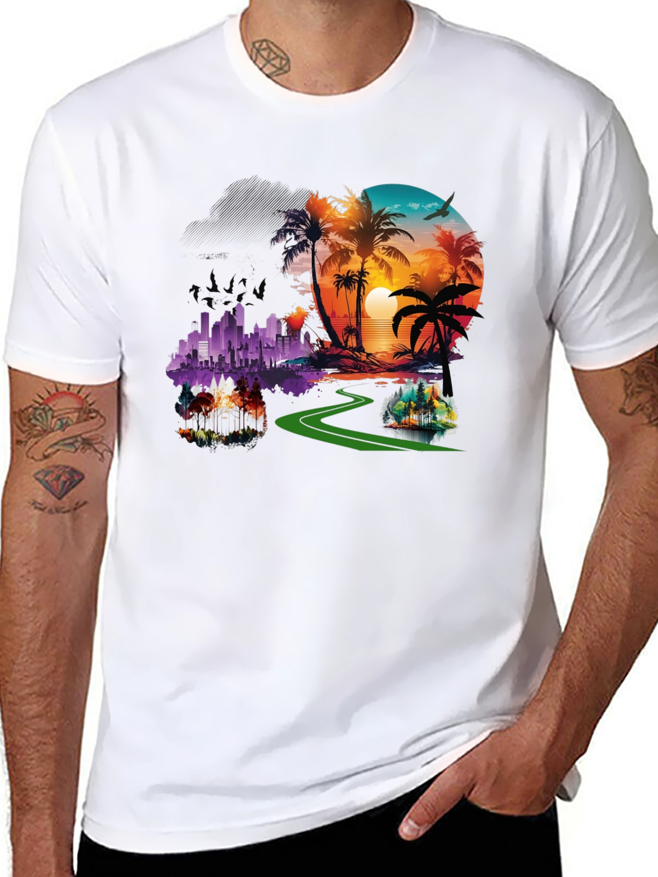 Tropical Cityscape Graphic Black T-Shirt