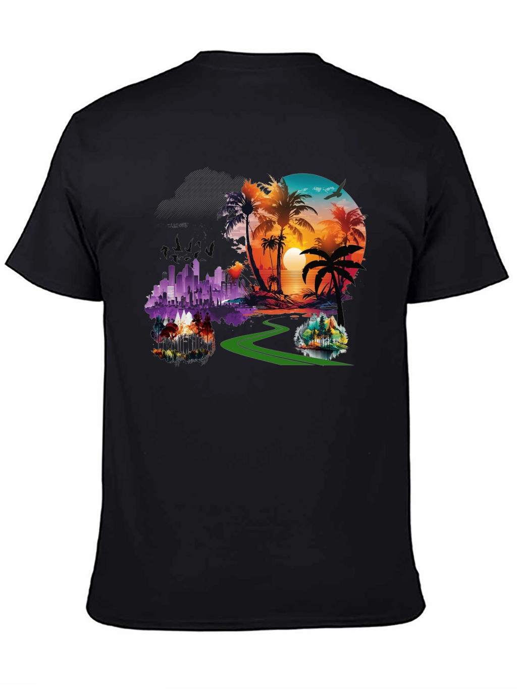 Tropical Cityscape Graphic Black T-Shirt
