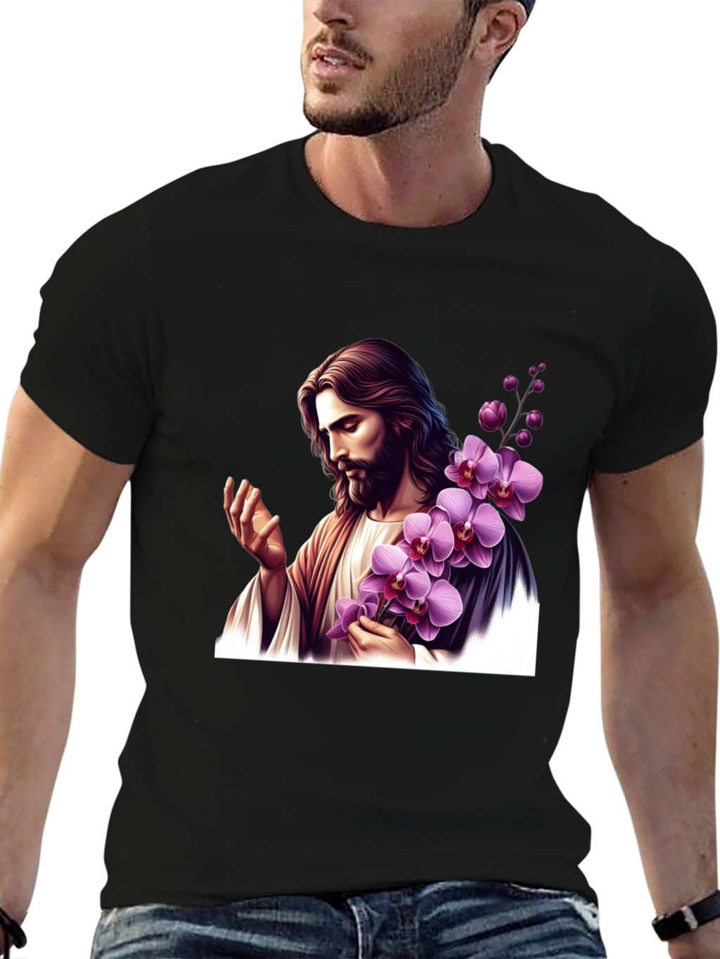 Jesus With Orchid Graphic Black Tee