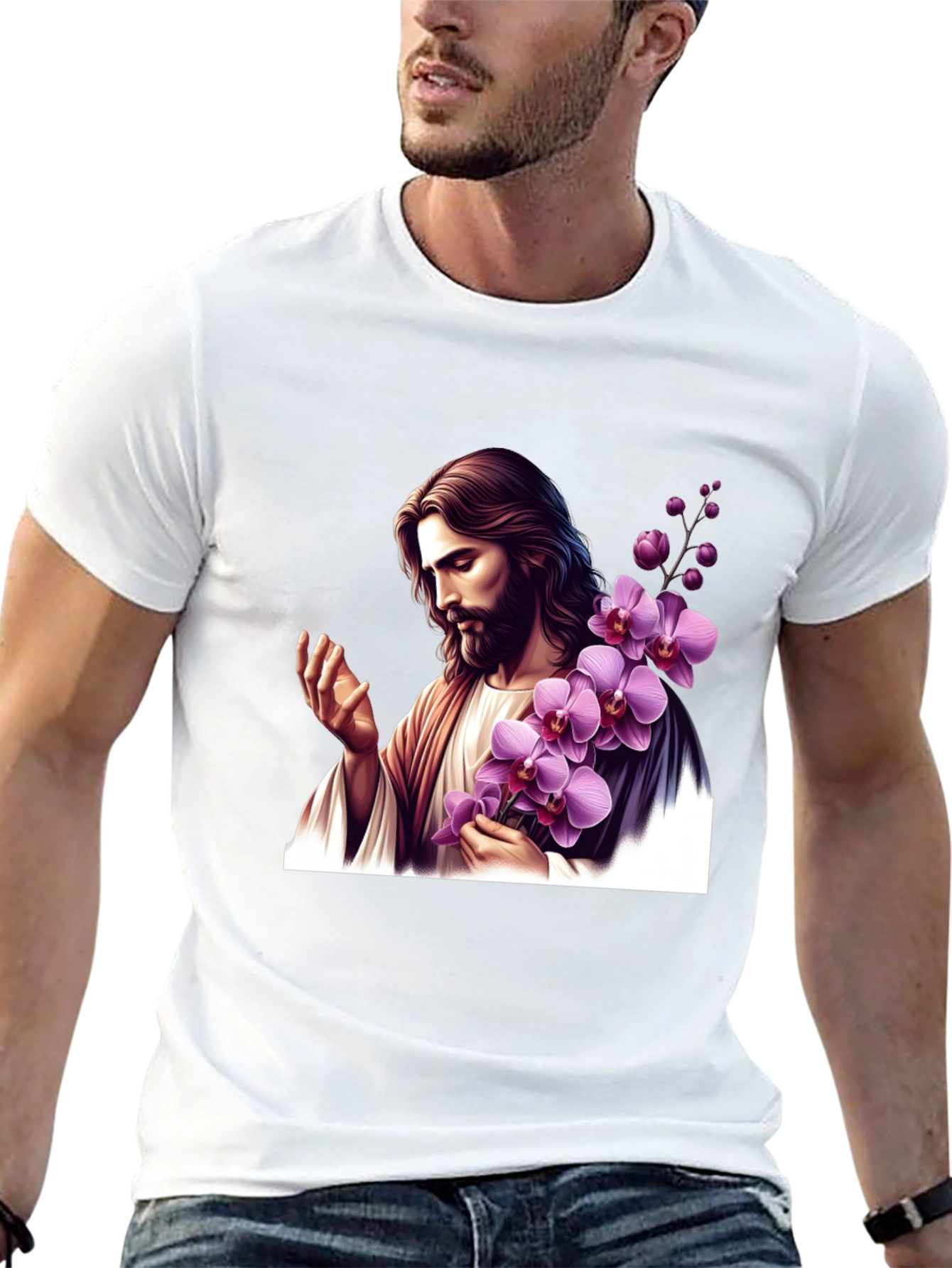 Jesus With Orchid Graphic Black Tee