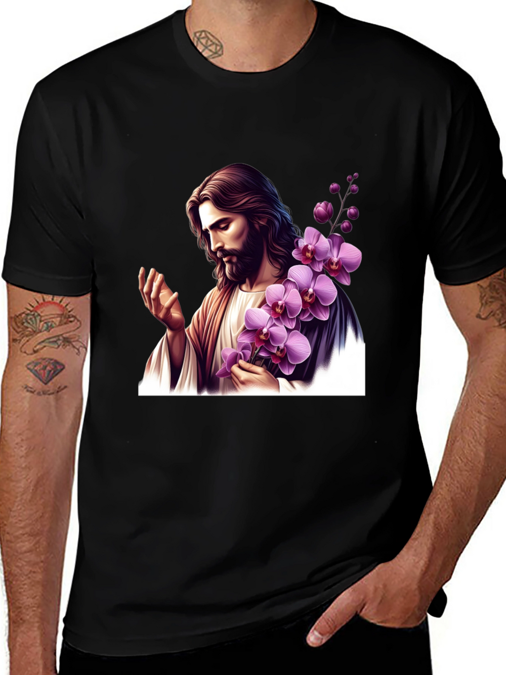 Jesus With Orchid Graphic Black Tee