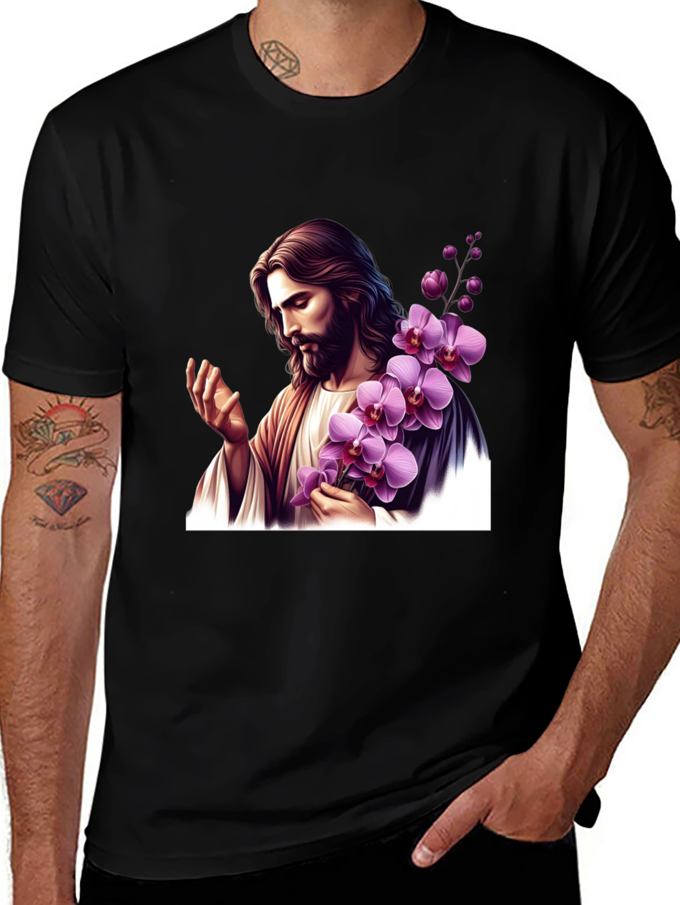 Jesus With Orchid Graphic Black Tee