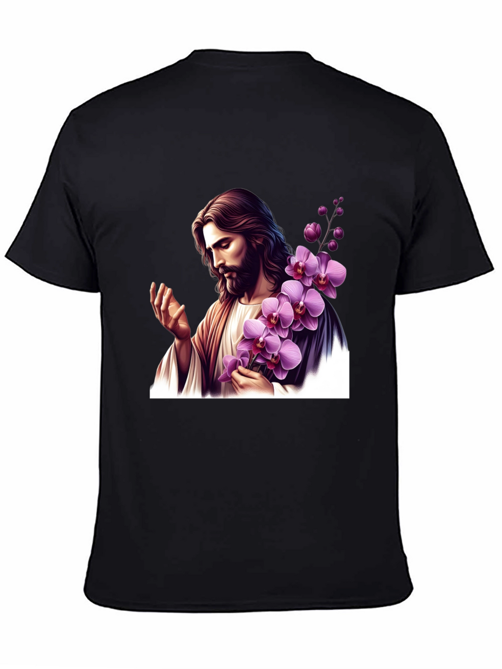 Jesus With Orchid Graphic Black Tee