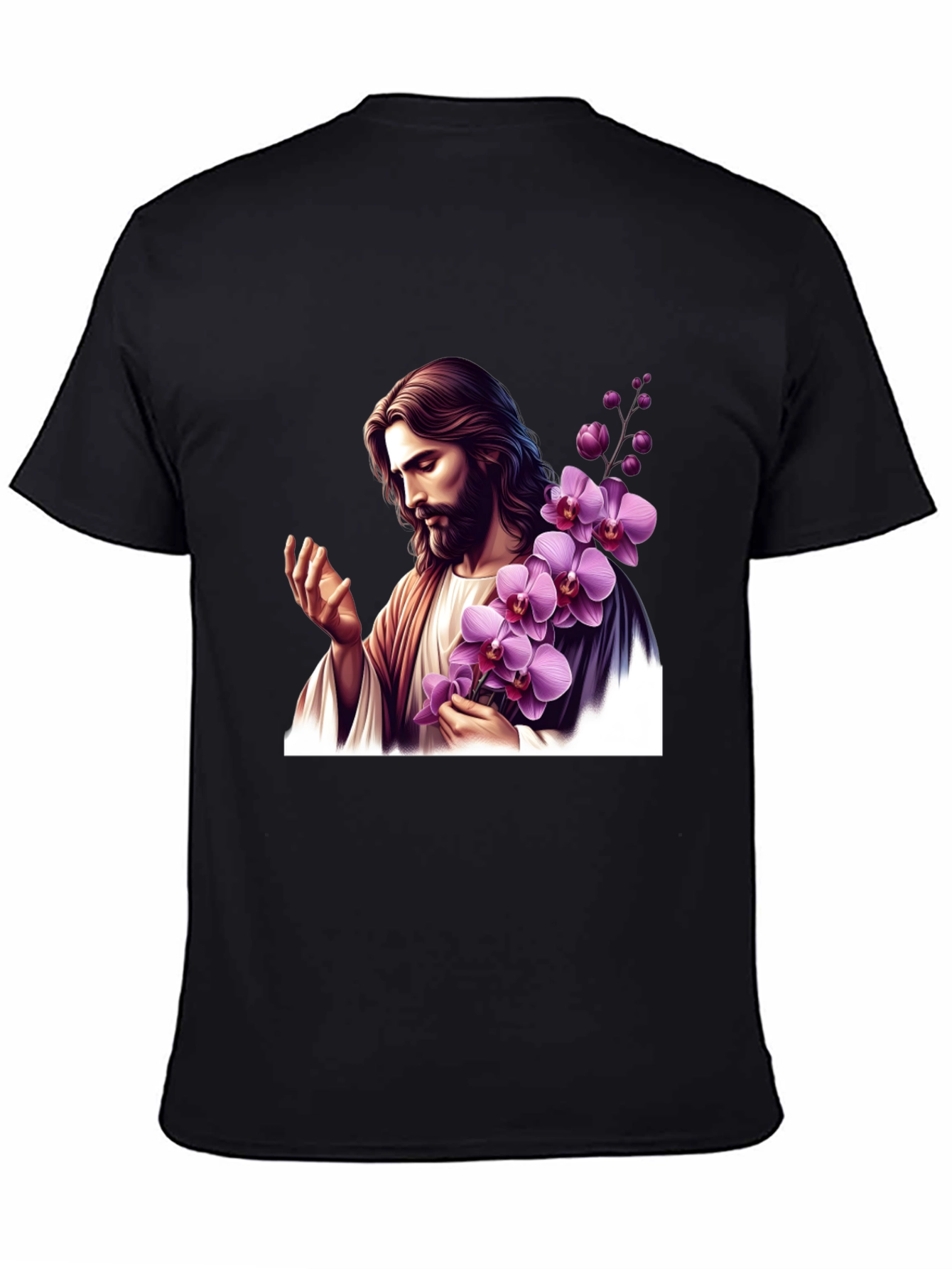 Jesus With Orchid Graphic Black Tee