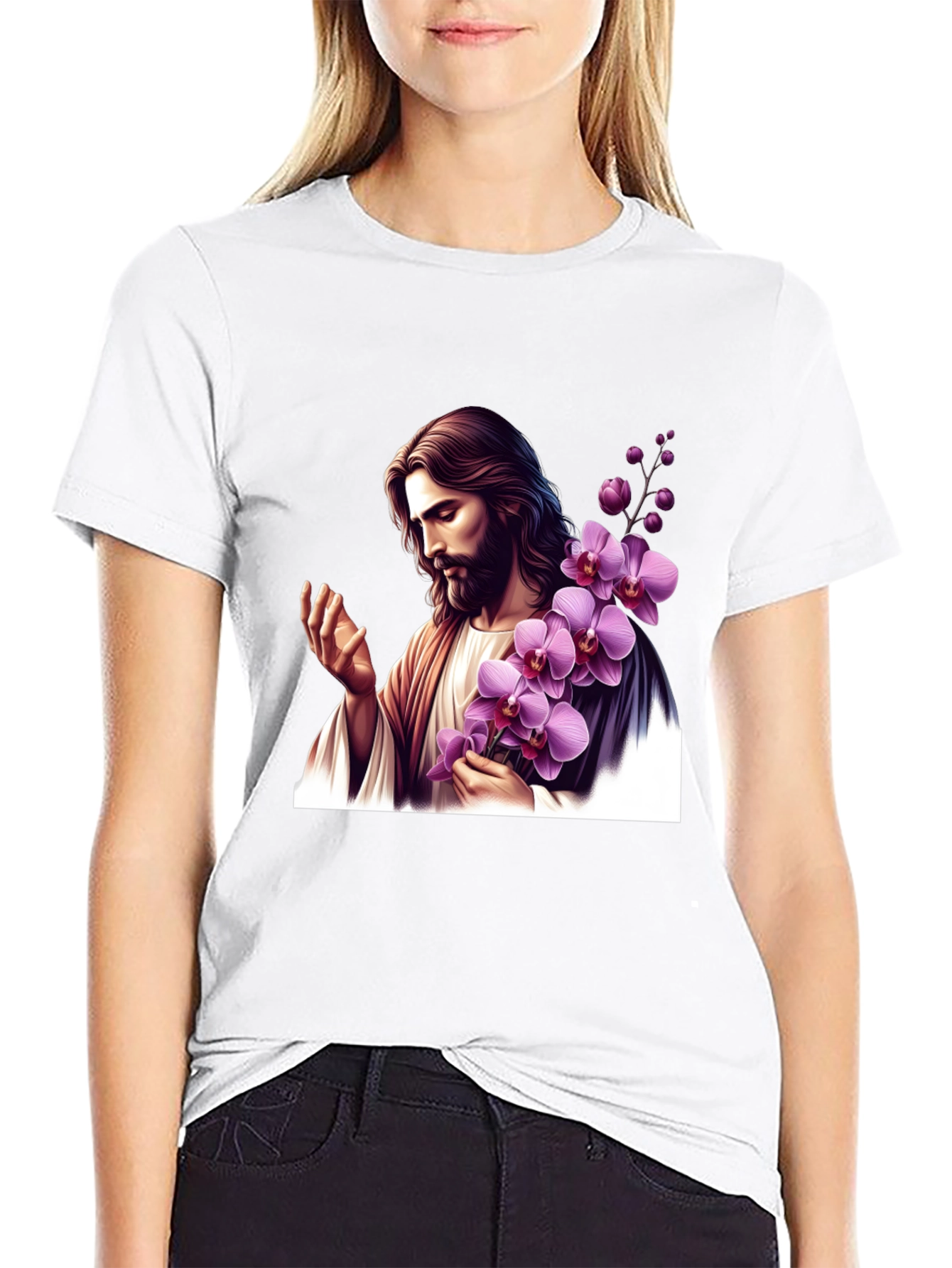 Jesus With Orchid Graphic Black Tee