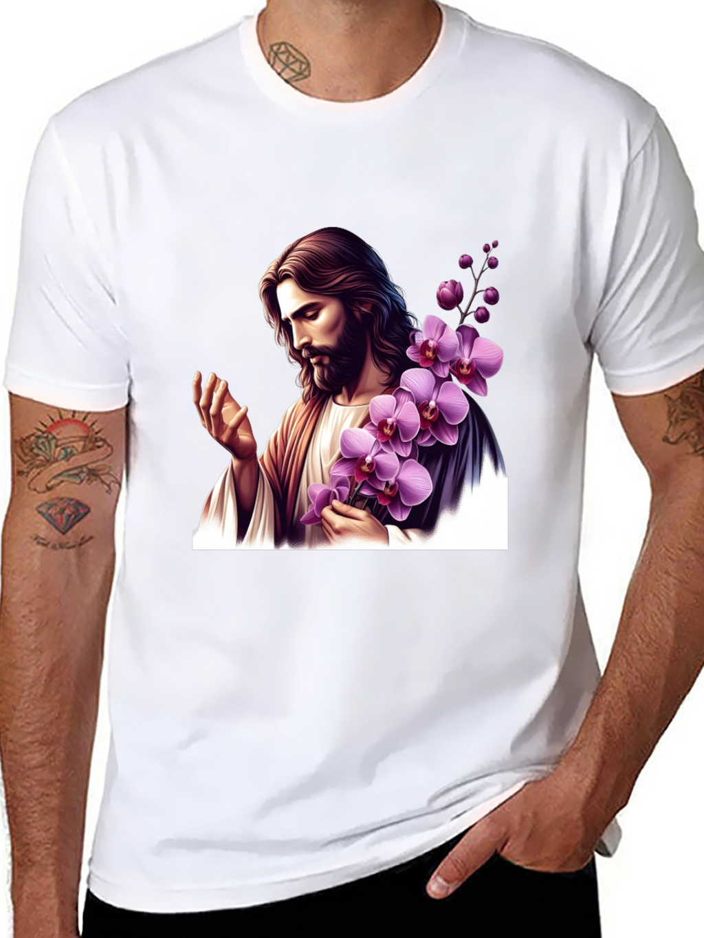 Jesus With Orchid Graphic Black Tee