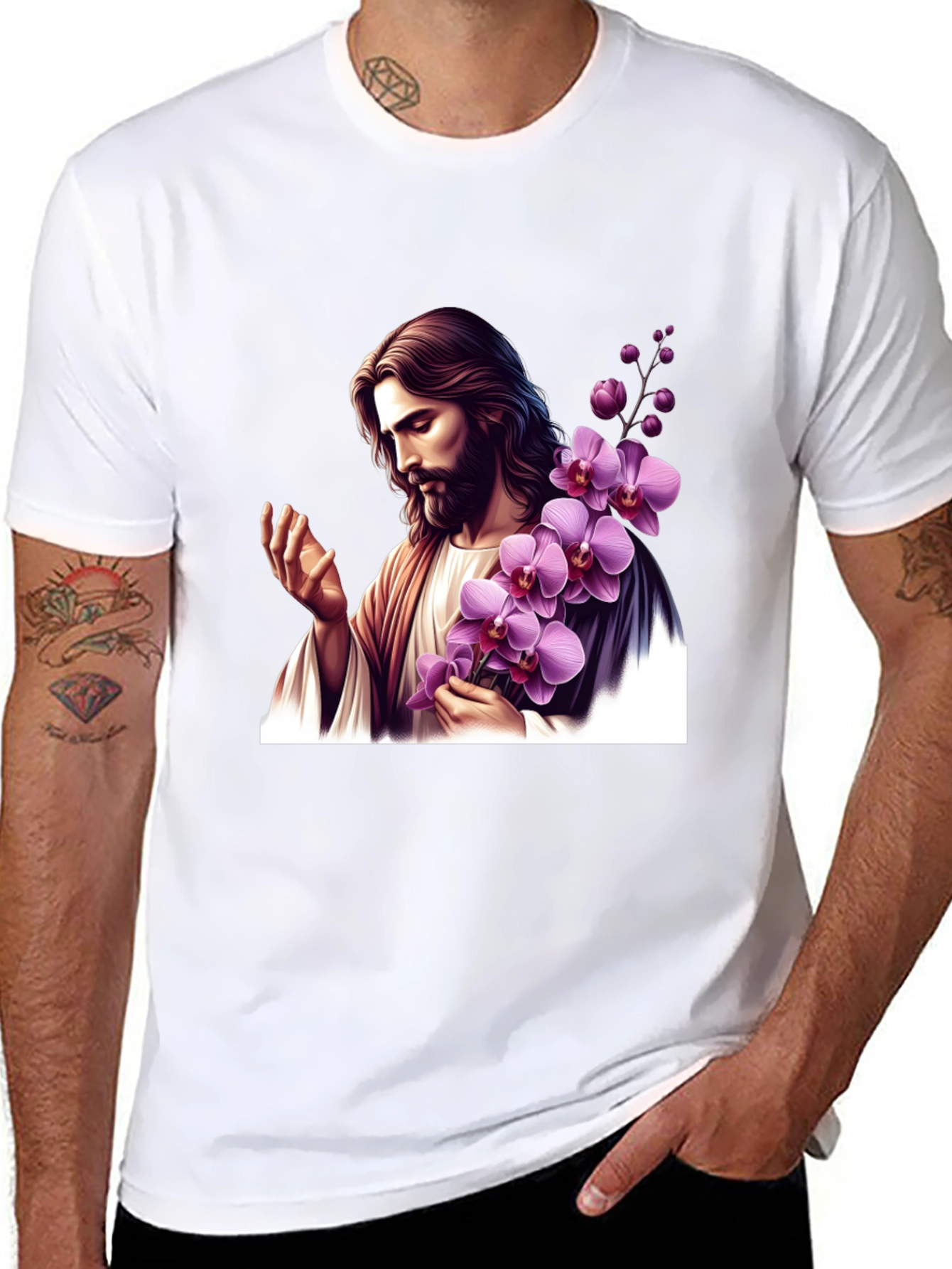 Jesus With Orchid Graphic Black Tee