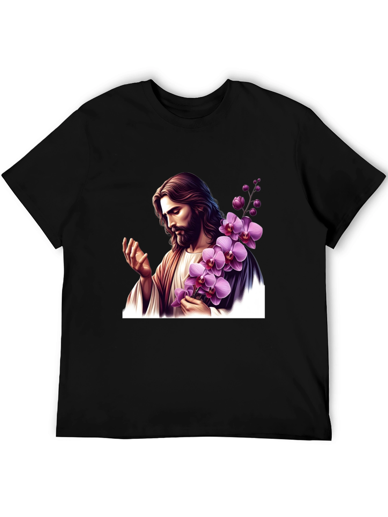 Jesus With Orchid Graphic Black Tee