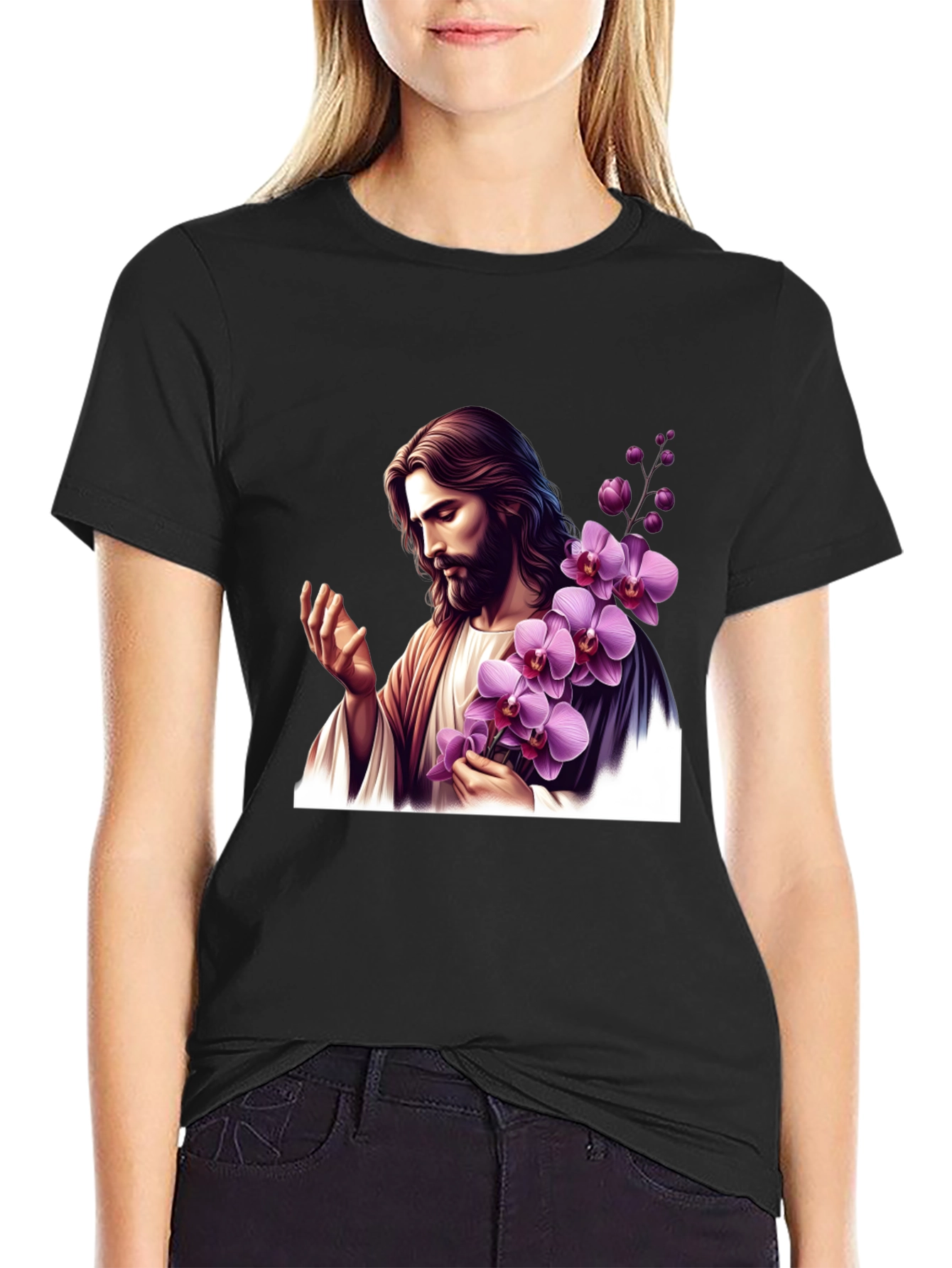 Jesus With Orchid Graphic Black Tee