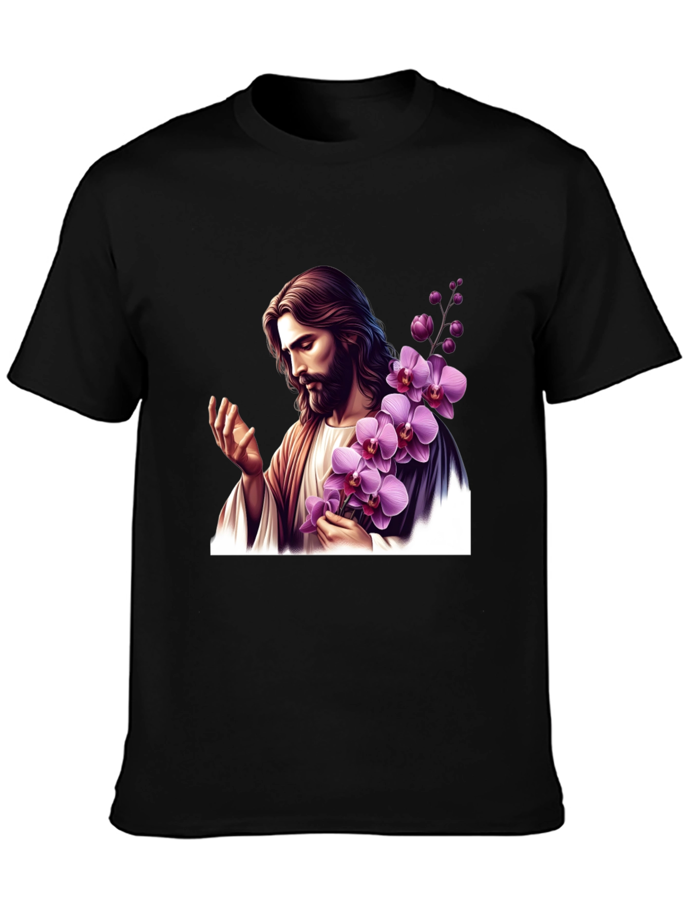 Jesus With Orchid Graphic Black Tee