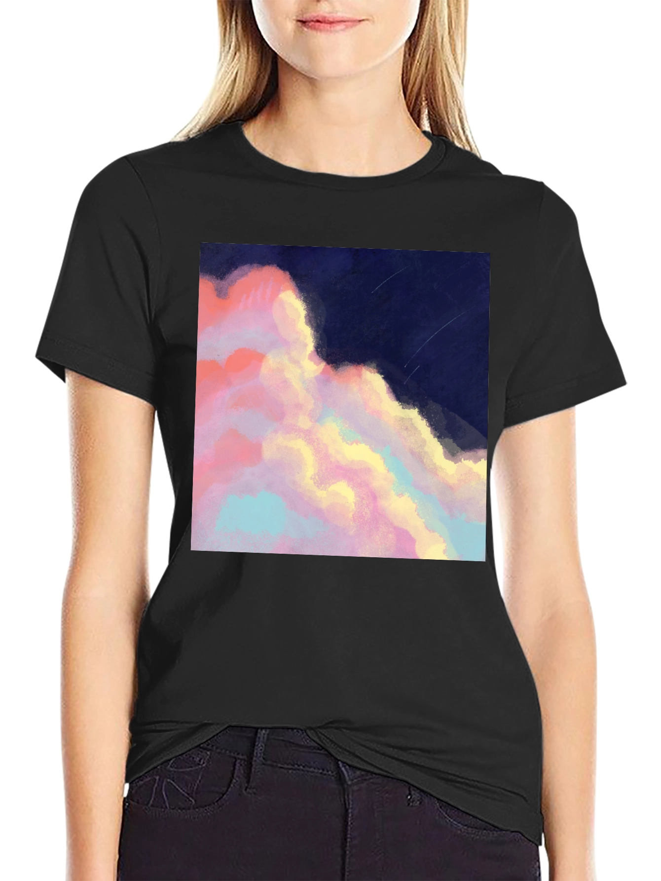 Artistic Cloudscape Graphic Tee - Stylish Black T-Shirt