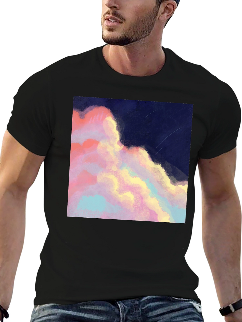 Artistic Cloudscape Graphic Tee - Stylish Black T-Shirt