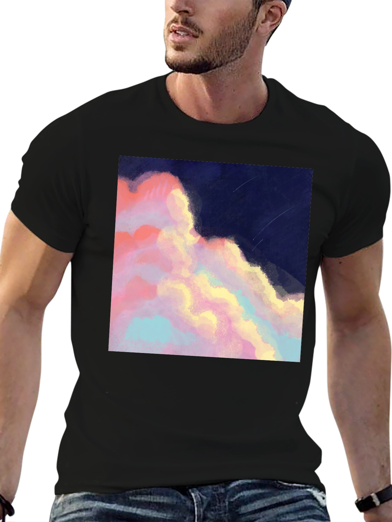 Artistic Cloudscape Graphic Tee - Stylish Black T-Shirt