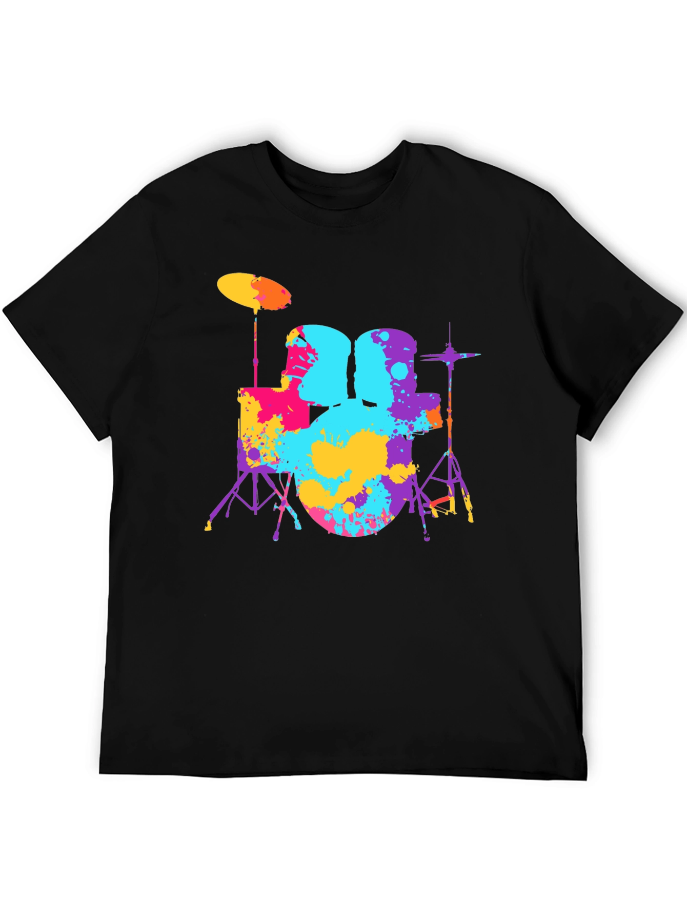 Colorful Drum Set Graphic Tee - Black Cotton