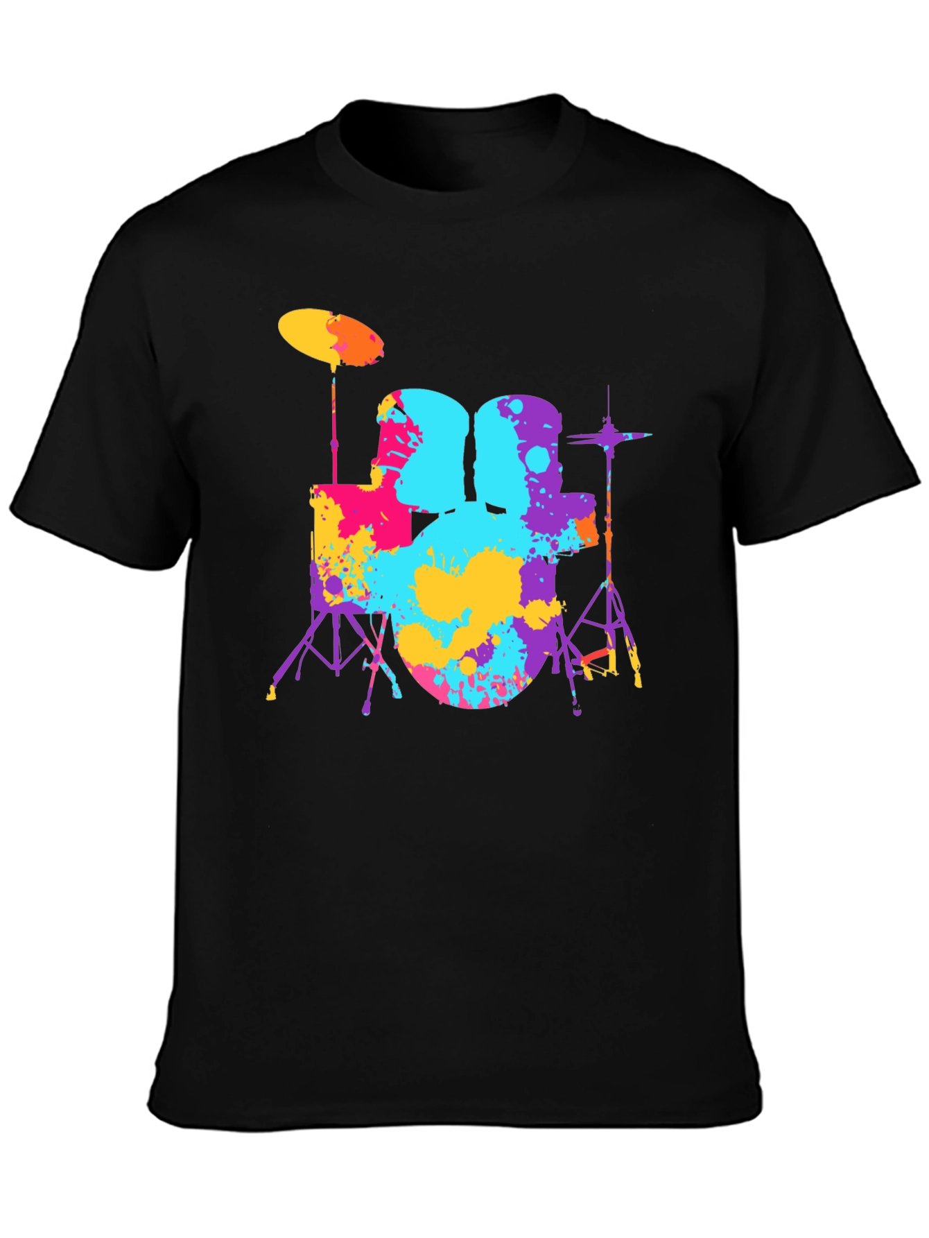 Colorful Drum Set Graphic Tee - Black Cotton