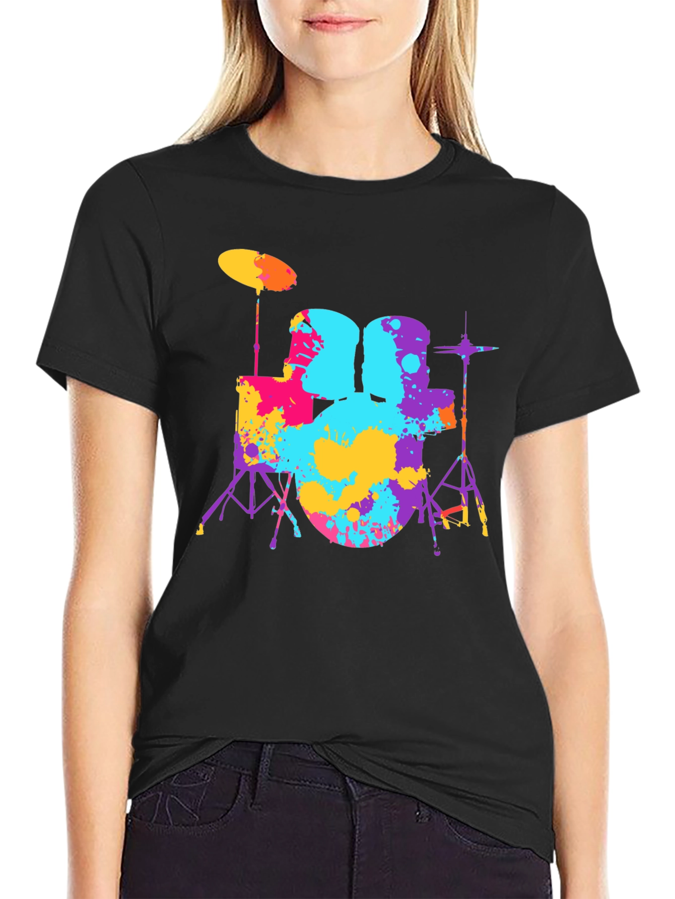 Colorful Drum Set Graphic Tee - Black Cotton