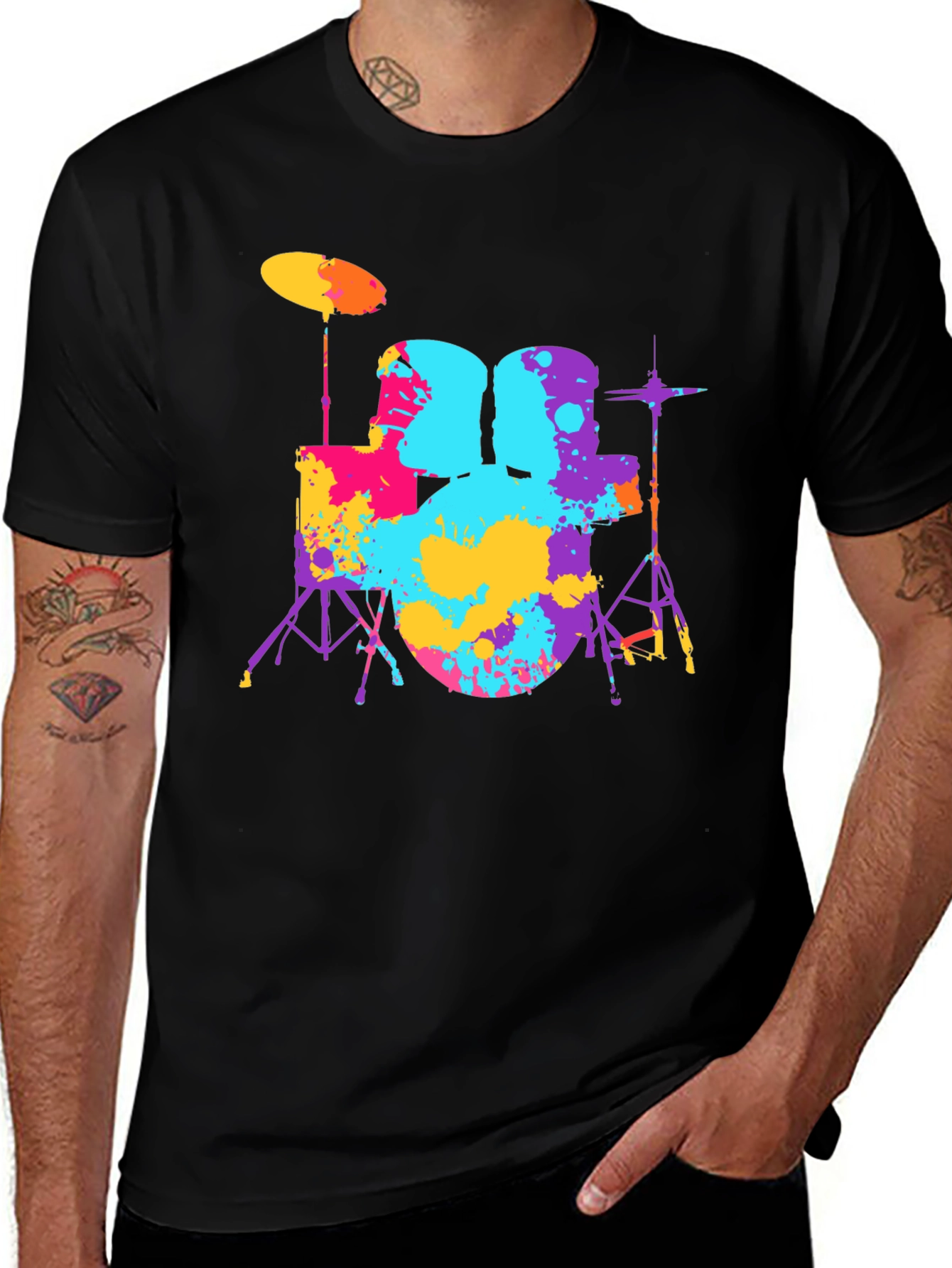 Colorful Drum Set Graphic Tee - Black Cotton