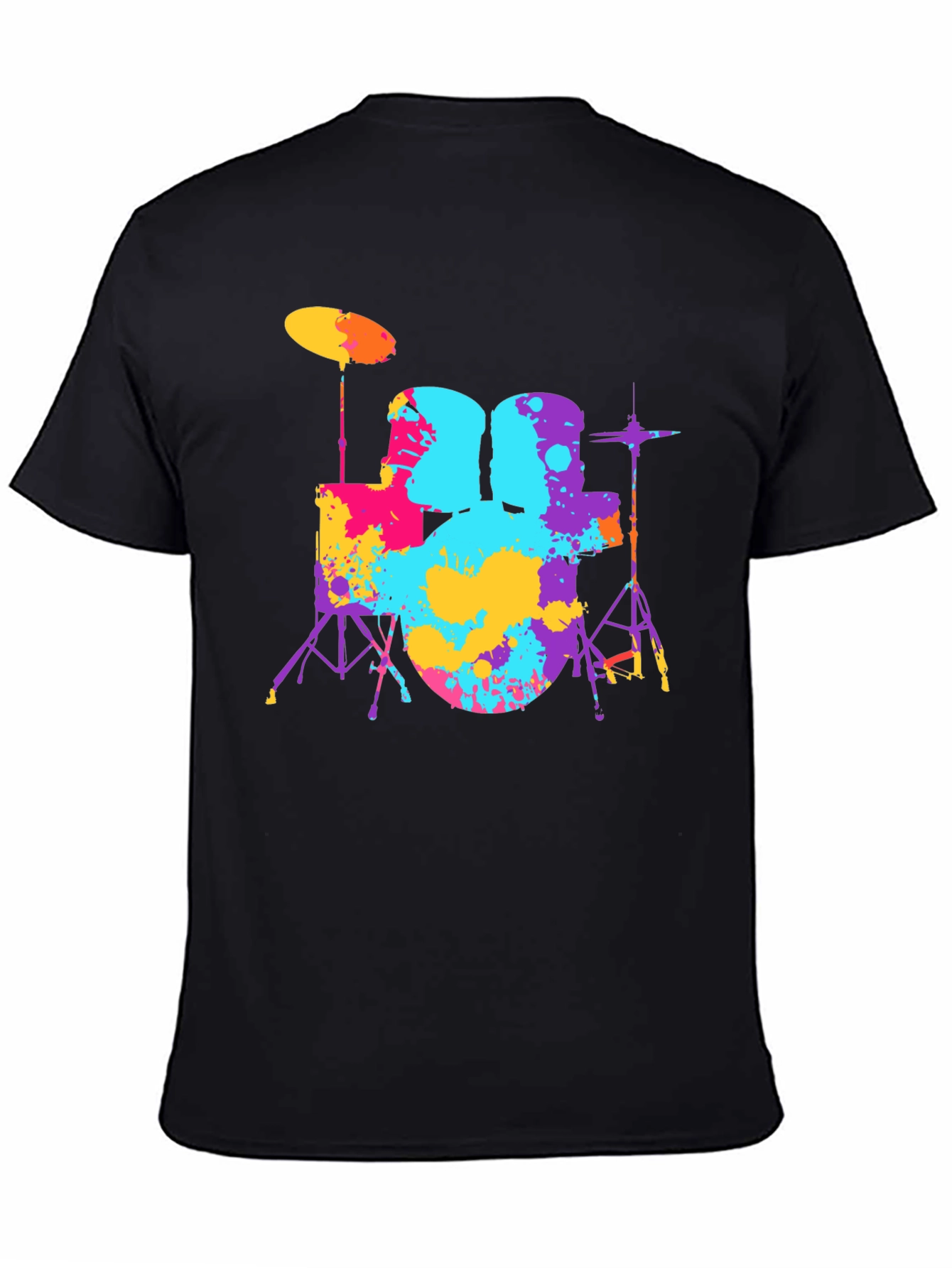 Colorful Drum Set Graphic Tee - Black Cotton